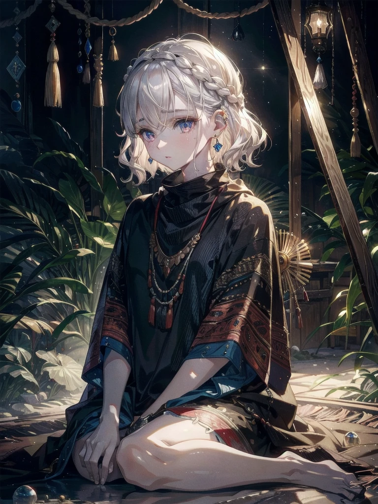tribal poncho, absurdres, RAW photo, extremely delicate and beautiful, masterpiece, Best Quality, ultra high resolution, 32k, hyperrealistic, ultra-detailed, detailed description, pale skin, 20 years old, tearful mole, earring, short medium hair, wavy hair, full body shot,