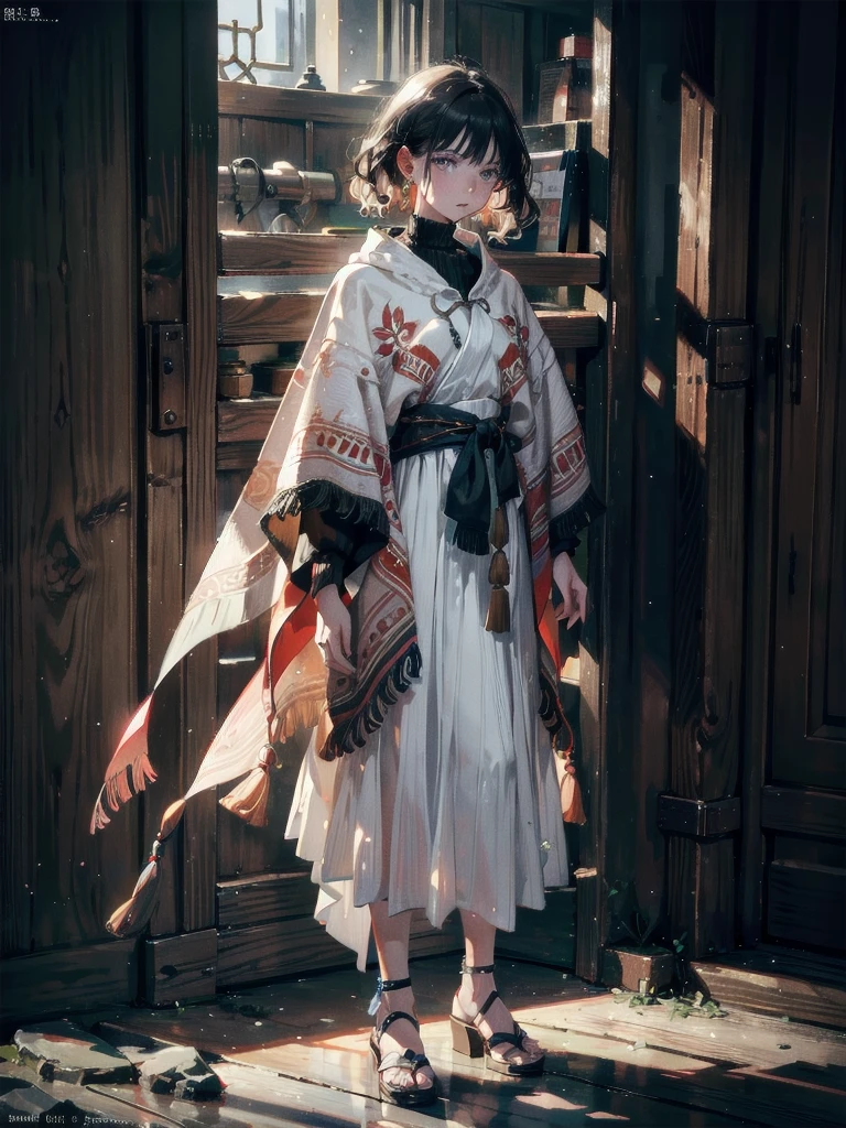 tribal poncho, absurdres, RAW photo, extremely delicate and beautiful, masterpiece, Best Quality, ultra high resolution, 32k, hyperrealistic, ultra-detailed, detailed description, pale skin, 20 years old, tearful mole, earring, short medium hair, wavy hair, full body shot,