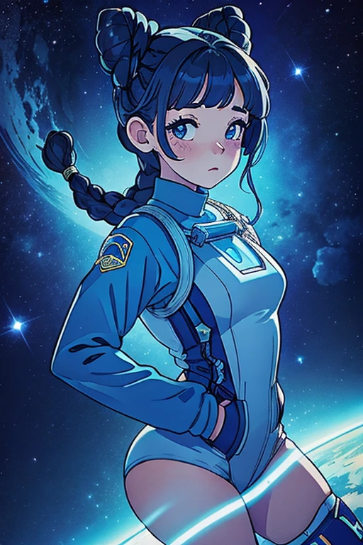 masterpiece, ultra detailed, girl, braids & space bun hairstyle, slim thic, blue aesthetics, anime, bee and puppycat style