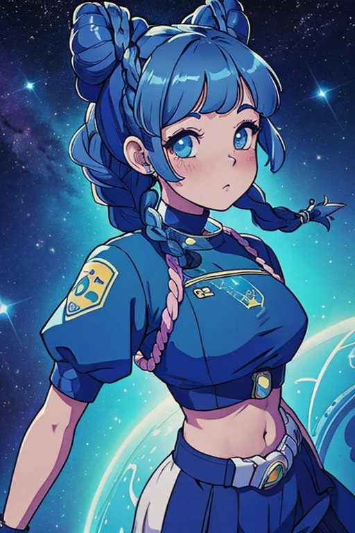 masterpiece, ultra detailed, girl, braids & space bun hairstyle, slim thic, blue aesthetics, anime, bee and puppycat style