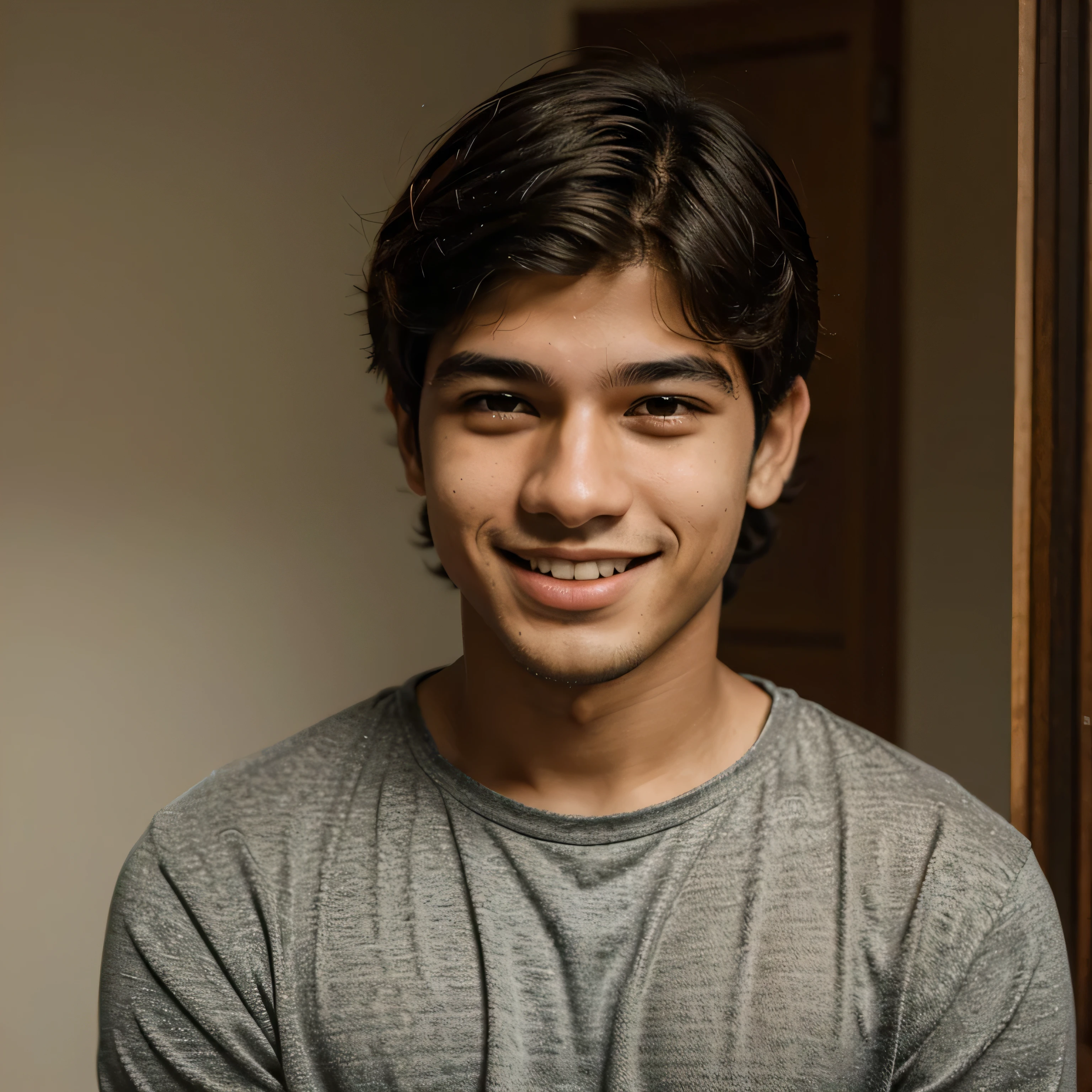 Menino, 19 anos, bonito, cabelo curto loiro escuro, sorridente, feliz