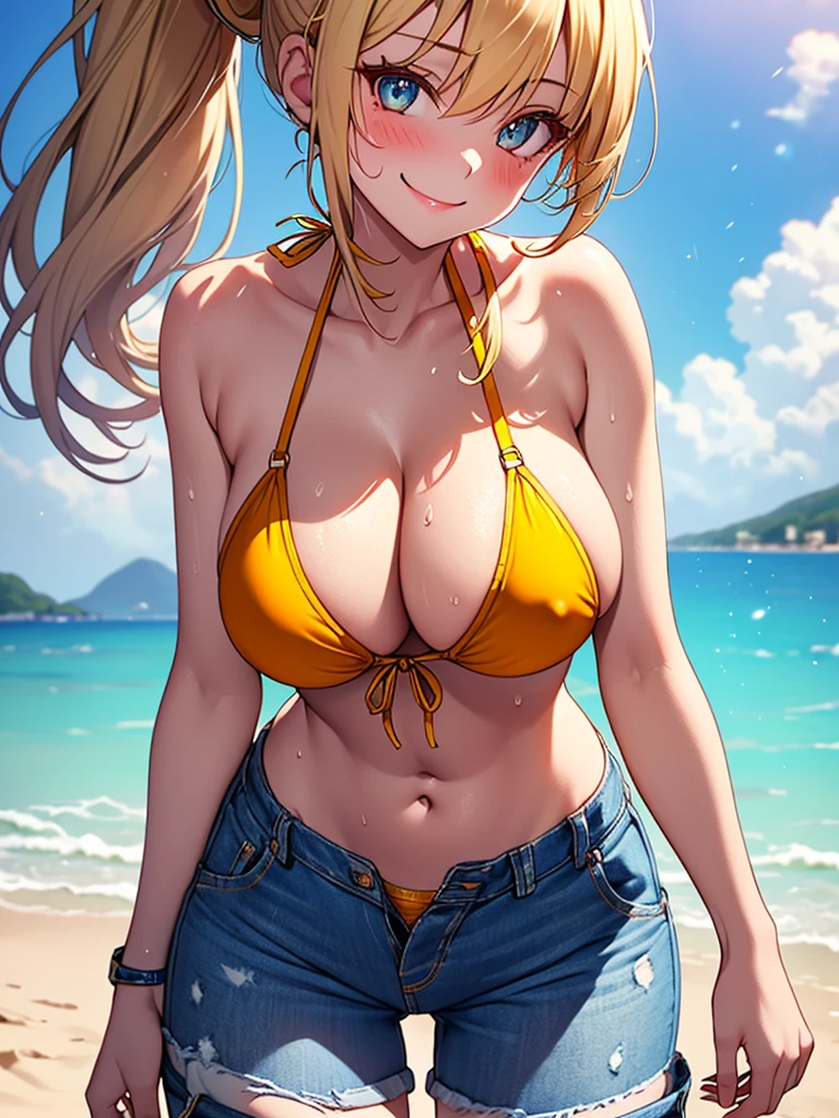 (highest quality, High resolution, perfect pixel, Depth of bounds written, 4K), (from front), beach, detailed eyes, (1 lady), tall, (skinny body:1.2) , (thin thighs:1.2), (Narrow hips), large breasts, blond hair, (ponytail:1.2), (denim short pants yellow bikini:1.2), (unbutton:1.3), (cross halter bikini), (rio cut pants), (panty strap:1.3), (swayback stance:1.3), (breast hold), (Hand-on Lap:1.2), (leaning forward), (seductive smile), blush, sweat,