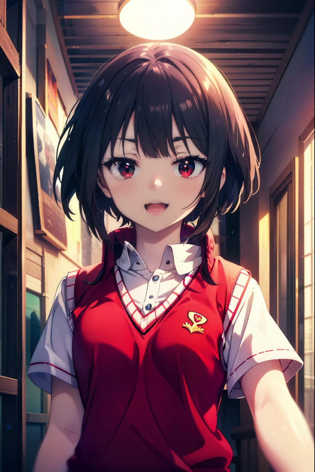 konosubaMegumin, Megumin, short hair, Black Hair, (Red eyes:1.3), short hair with long locks,happy smile, smile, Open your mouth,
White Sailor Suit,Short sleeve,Sweater vest, (red Sweater vest:1.5),White Thailand,black pleated skirt,White tights,Black Loafers,whole bodyがイラストに入るように,morning,morning陽,The sun is rising,
break outdoor, In town,Building district,crowd, people々々々,
break looking at viewer, whole body,
break (masterpiece:1.2), highest quality, High resolution, unity 8k wallpaper, (shape:0.8), (Beautiful and beautiful eyes:1.6), Highly detailed face, Perfect lighting, Extremely detailed CG, (Perfect hands, Perfect Anatomy),