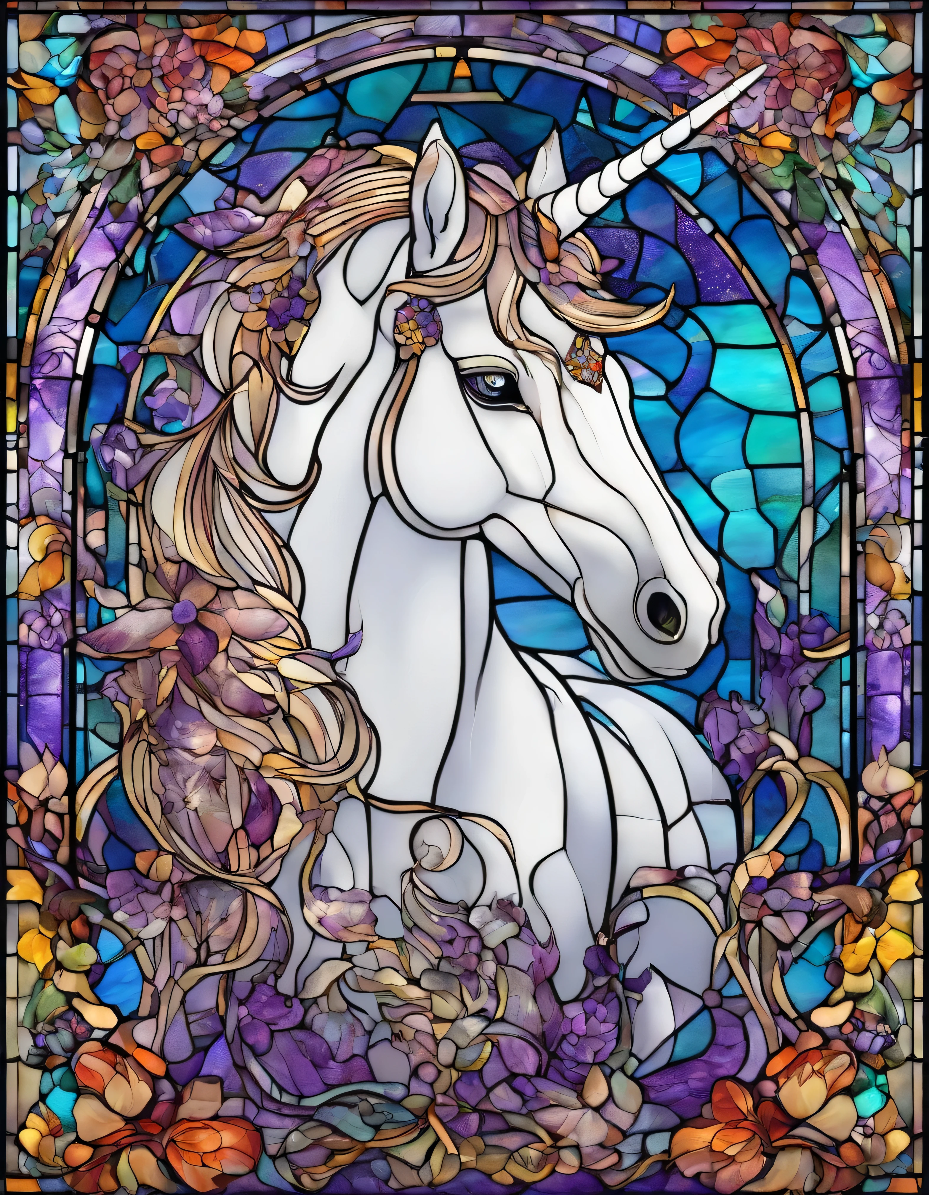 unicorn、horse、 Innocence、Transparent glass、very elaborate stained glass、Amethyst Crystal, Iridescent Labradorite Crystals、Intricate and highly detailed backgrounds, Fantasy, Craftsmanship, Craftsmanship detailed, Complex