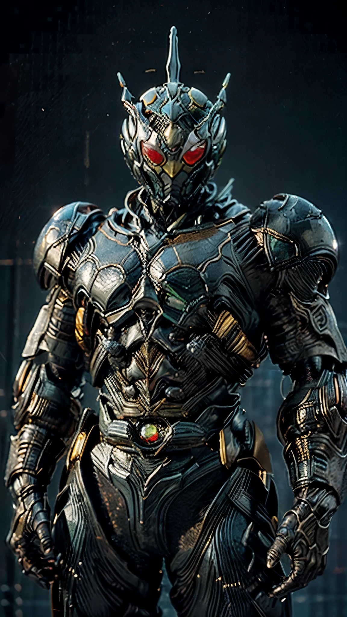 A man wearing a full-face helmet, a fantasy-style biotech armored combat suit, green eyes, (a composite layered chest armor), fully enclosed shoulder guards, matching arm and leg guards, the belt is adorned with Beetle-shaped gem, (the color scheme is primarily black with red accents), the design balances heavy with agility, a high-tech bio-mecha armor, (Armor Concept Inspired by Dynastinae, stand on the top of a skyscraper in a futuristic sci-fi city), this character embodies a finely crafted fantasy-surreal style armored hero in anime style, exquisite and mature manga art style, (element, plasma, energy, the armor glows), ((male:1.5)), metallic, real texture material, dramatic, high definition, best quality, highres, ultra-detailed, ultra-fine painting, extremely delicate, professional, perfect body proportions, golden ratio, anatomically correct, symmetrical face, extremely detailed eyes and face, high quality eyes, creativity, RAW photo, UHD, 32k, Natural light, cinematic lighting, masterpiece-anatomy-perfect, masterpiece:1.5