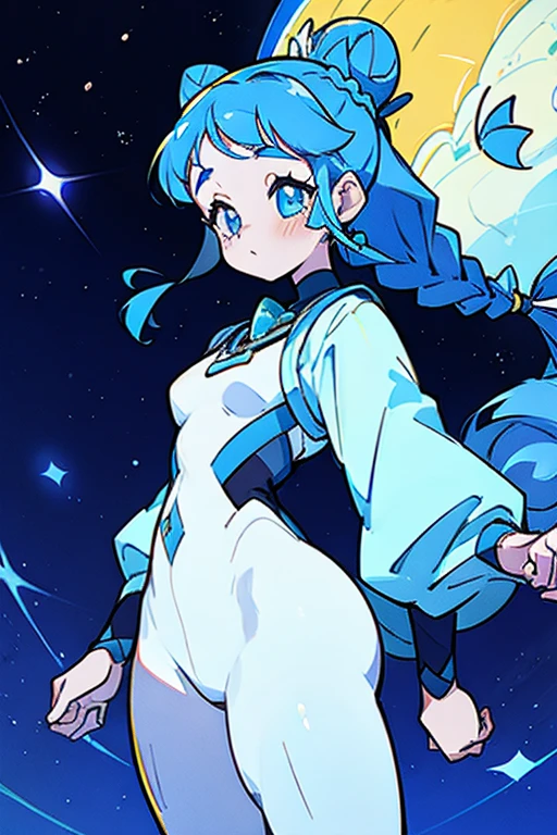 masterpiece, ultra detailed, girl, braids & space bun hairstyle, slim thic, blue aesthetics, anime, bee and puppycat style