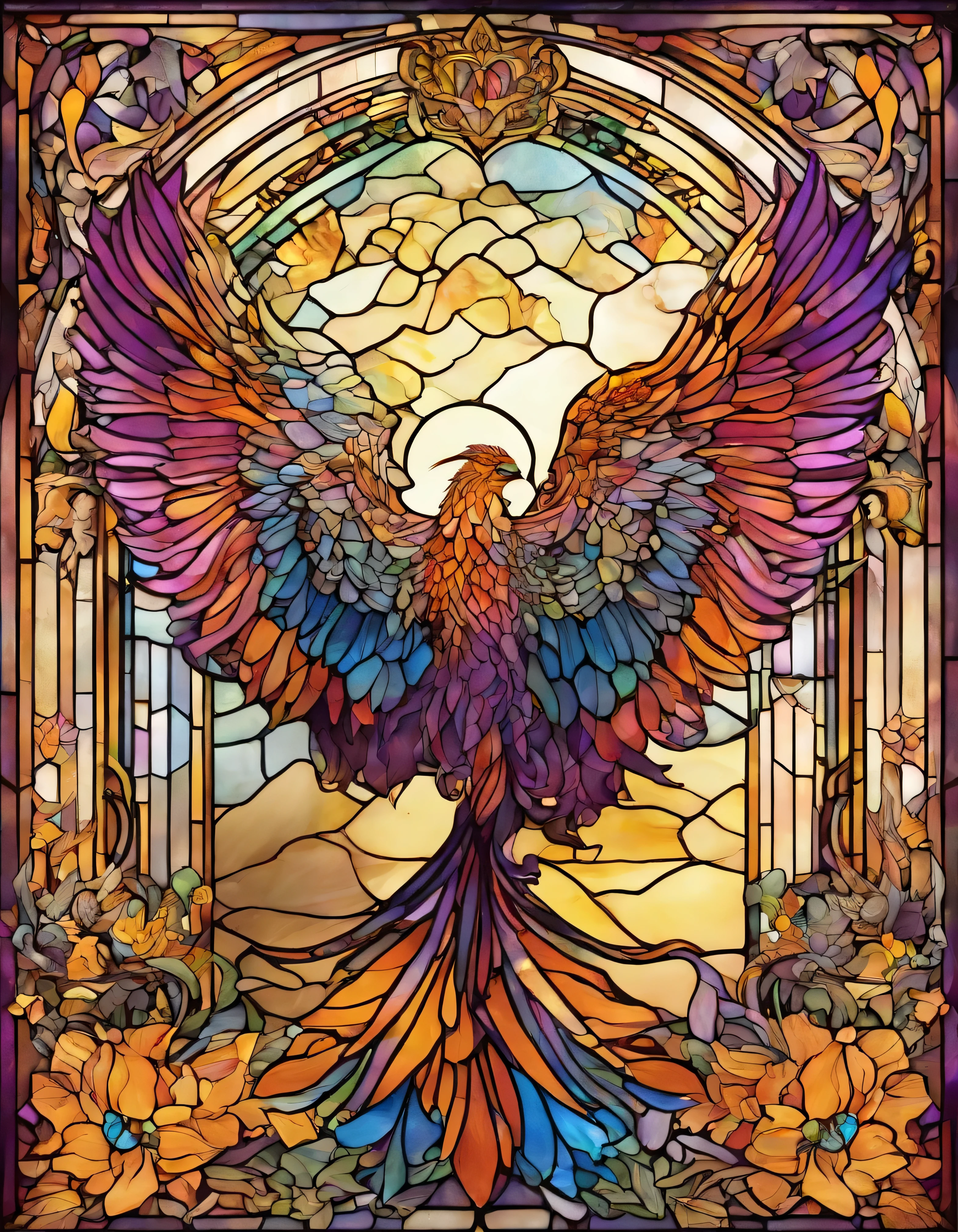 Phoenix、Phoenix、 Innocence、Transparent glass、very elaborate stained glass、Amethyst Crystal, Iridescent Labradorite Crystals、Intricate and highly detailed backgrounds, Fantasy, Craftsmanship, Craftsmanship detailed, Complex