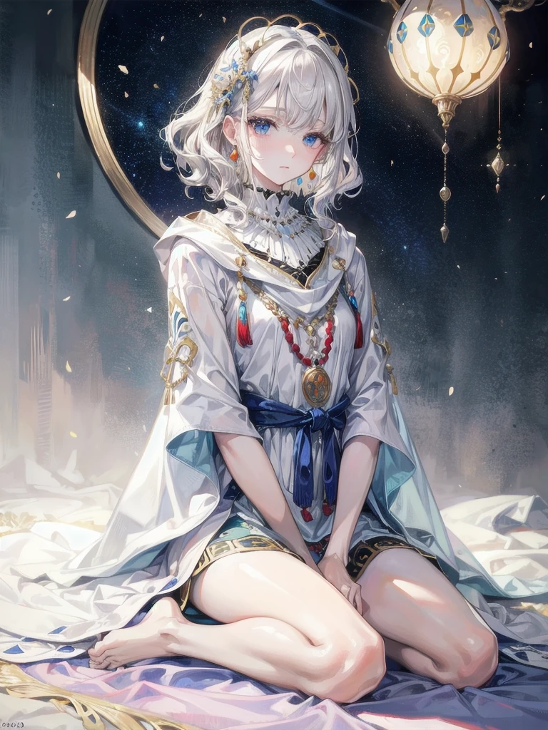 tribal poncho, absurdres, RAW photo, extremely delicate and beautiful, masterpiece, Best Quality, ultra high resolution, 32k, hyperrealistic, ultra-detailed, detailed description, pale skin, 20 years old, tearful mole, earring, short medium hair, wavy hair, full body shot,