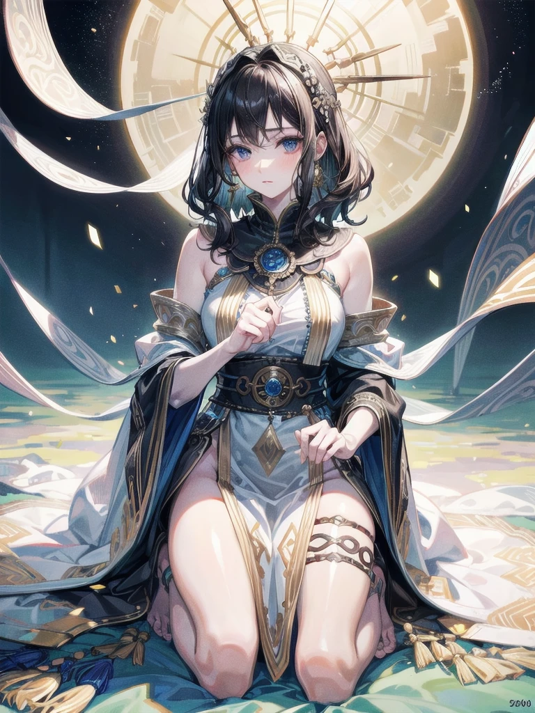 tribal poncho, absurdres, RAW photo, extremely delicate and beautiful, masterpiece, Best Quality, ultra high resolution, 32k, hyperrealistic, ultra-detailed, detailed description, pale skin, 20 years old, tearful mole, earring, short medium hair, wavy hair, full body shot,