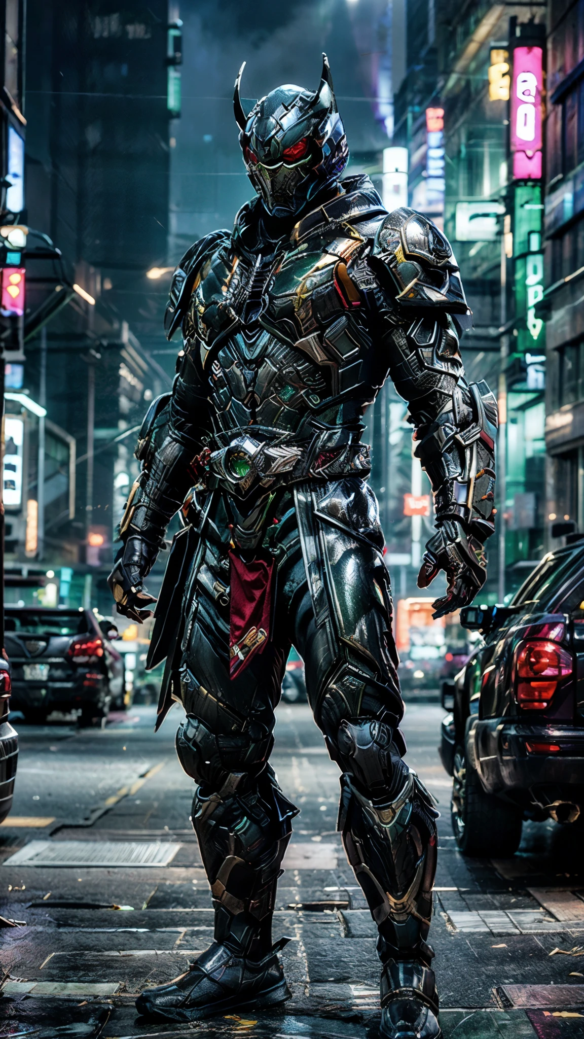 A man wearing a full-face helmet, a fantasy-style biotech armored combat suit, green eyes, (a composite layered chest armor), fully enclosed shoulder guards, matching arm and leg guards, the belt is adorned with Beetle-shaped gem, (the color scheme is primarily black with red accents), the design balances heavy with agility, a high-tech bio-mecha armor, (Armor Concept Inspired by Dynastinae, stand on the top of a skyscraper in a futuristic sci-fi city), this character embodies a finely crafted fantasy-surreal style armored hero in anime style, exquisite and mature manga art style, (element, plasma, energy, the armor glows), ((male:1.5)), metallic, real texture material, dramatic, high definition, best quality, highres, ultra-detailed, ultra-fine painting, extremely delicate, professional, perfect body proportions, golden ratio, anatomically correct, symmetrical face, extremely detailed eyes and face, high quality eyes, creativity, RAW photo, UHD, 32k, Natural light, cinematic lighting, masterpiece-anatomy-perfect, masterpiece:1.5