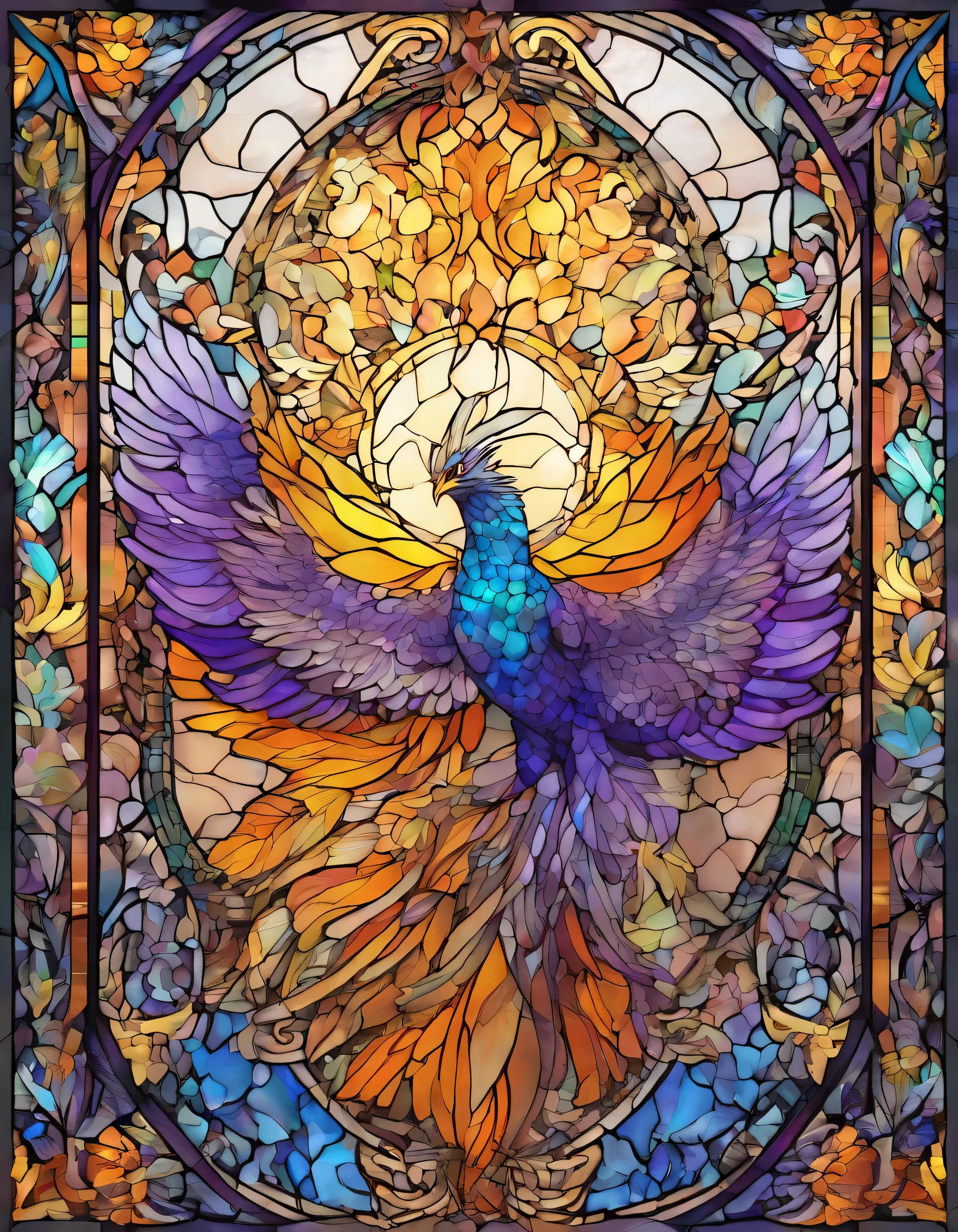 Phoenix、Phoenix、 Innocence、Transparent glass、very elaborate stained glass、Amethyst Crystal, Iridescent Labradorite Crystals、Intricate and highly detailed backgrounds, Fantasy, Craftsmanship, Craftsmanship detailed, Complex