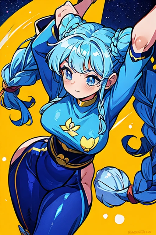 masterpiece, ultra detailed, girl, martial artist, braids & space bun hairstyle, slim thic, blue aesthetics, anime, bee and puppycat style