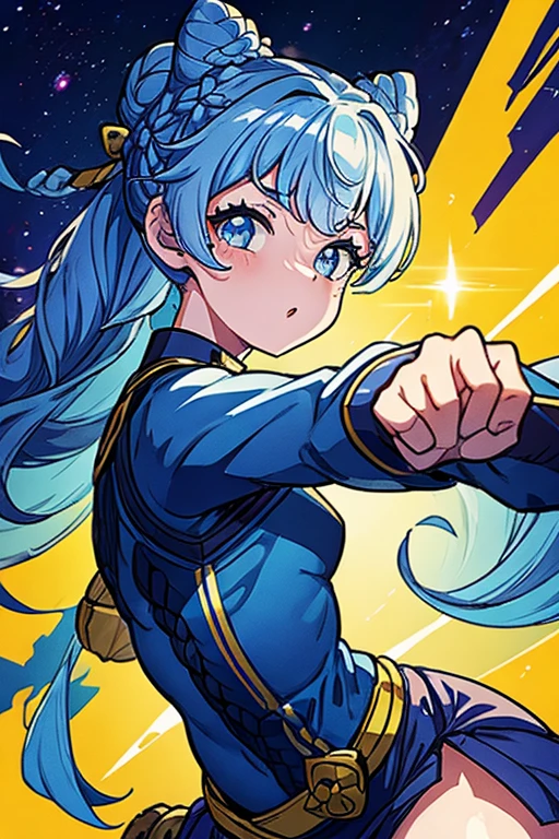 masterpiece, ultra detailed, girl, martial artist, braids & space bun hairstyle, slim thic, blue aesthetics, anime, bee and puppycat style