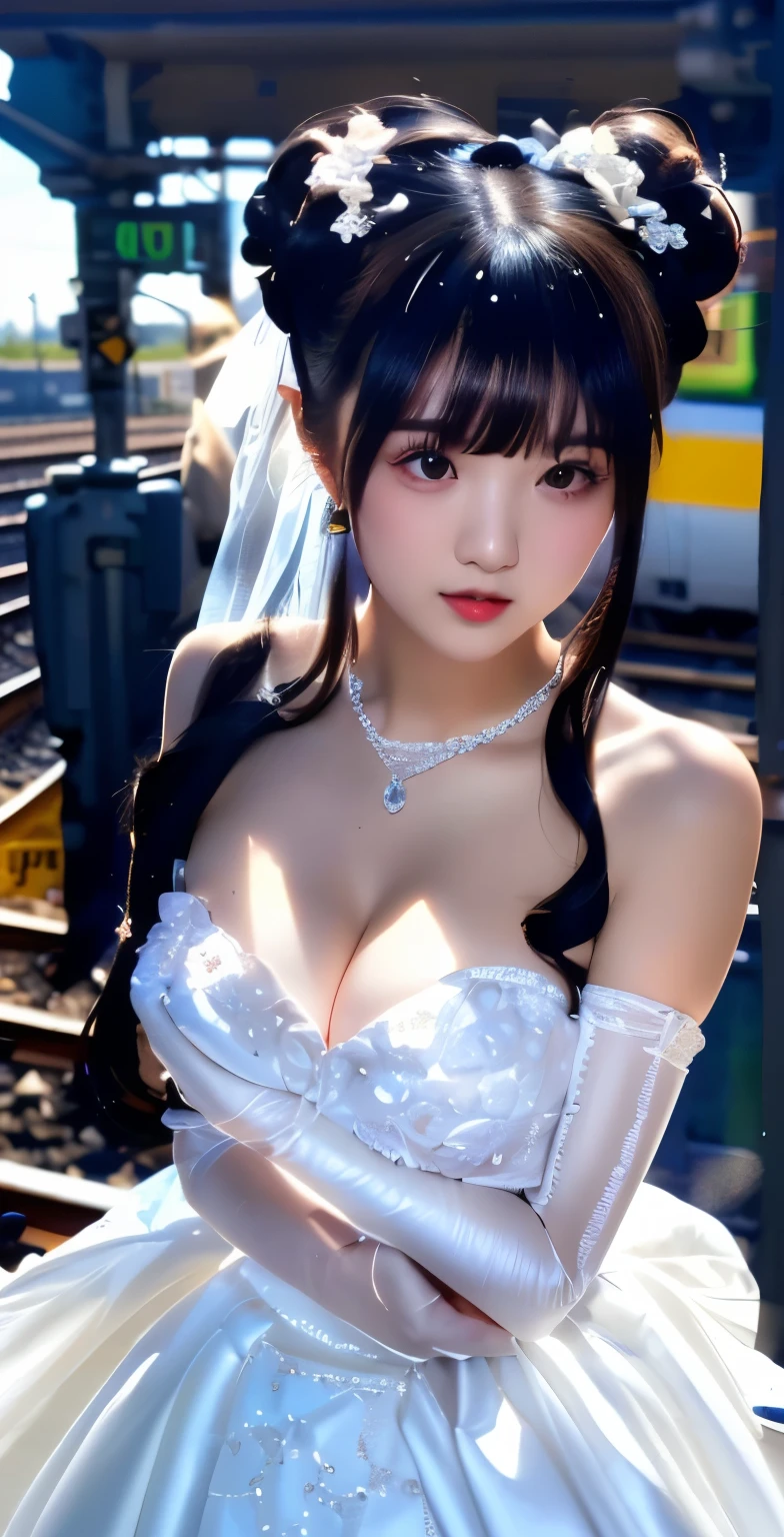 (((Pixel Perfect, Perfect details))), Solitary, 1 girl，bride, yuigahama yui， Keep your mouth shut，pink glossy lips,穿著bride禮服的特写,Gulwitz, (((bride頭紗)))，（Transparent short veil），blush，Eyeshadow，Blushing face，Head flower，headgear，((Bouquet))，((((tube top wedding dress))))，(((Strapless Wedding Dress))),(Bare shoulders)，Pure white dress，(((necklace)))，((earrings))，(large breasts:1.3)，Bangs，Lipstick，((White long elbow gloves)),Half-length photo,High Detail RAW Color Art,White long skirt,There is a railway track next to it，(standing on the railroad tracks:1.3),18 years old, （Long twin tails：1.5）,(Double bun:1.5), Black Hair,night,Rainy Day