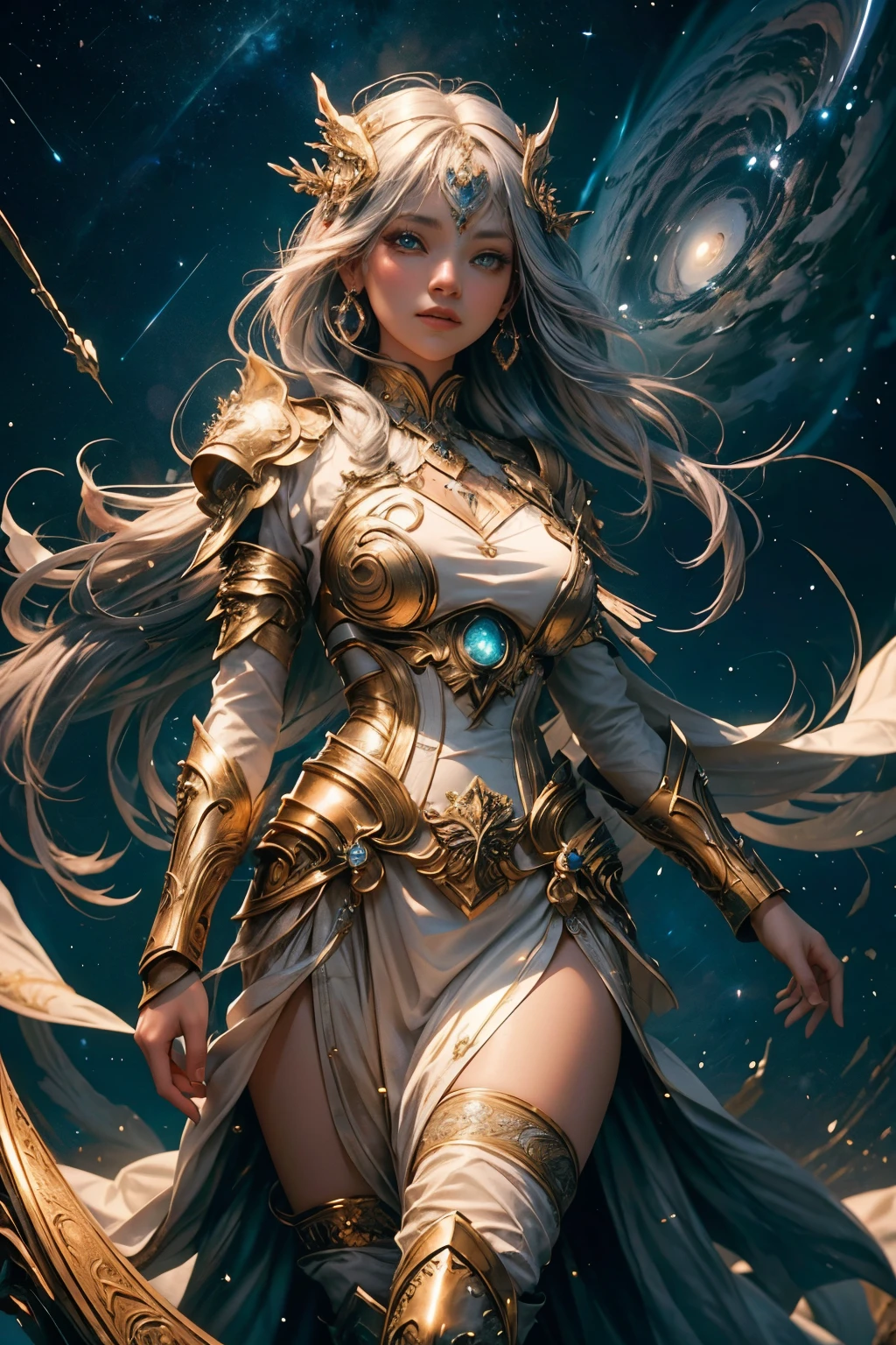 A Divine Artisan of the Cosmos, she wields the powers of celestial bodies to forge potent artifacts. Her flowing, weightless silver hair radiates a luminous aura, while her eyes–like nebulae–pulse with ethereal light. Her armor, an exact replica of the night sky, shimmers with shifting constellations and twinkling stars that seem to dance at her whim. This masterpiece, of highest quality, boasts ultra-fine details, a testament to her unparalleled craftsmanship. Housed in a 16K resolution, the image is crisp and luxuriously detailed, capt