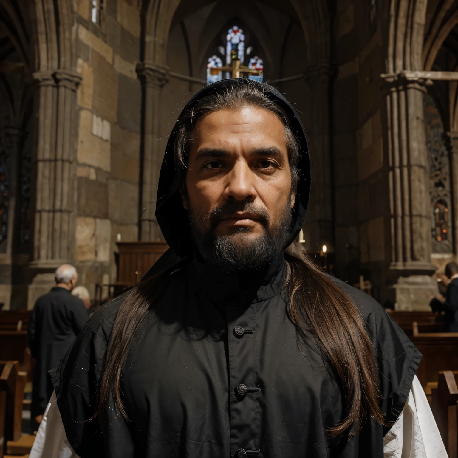 Um homem, com roupa de bispo, com aparentes 60 anos, cabelo preto, e barba por fazer, with an evil expression in a medieval church,