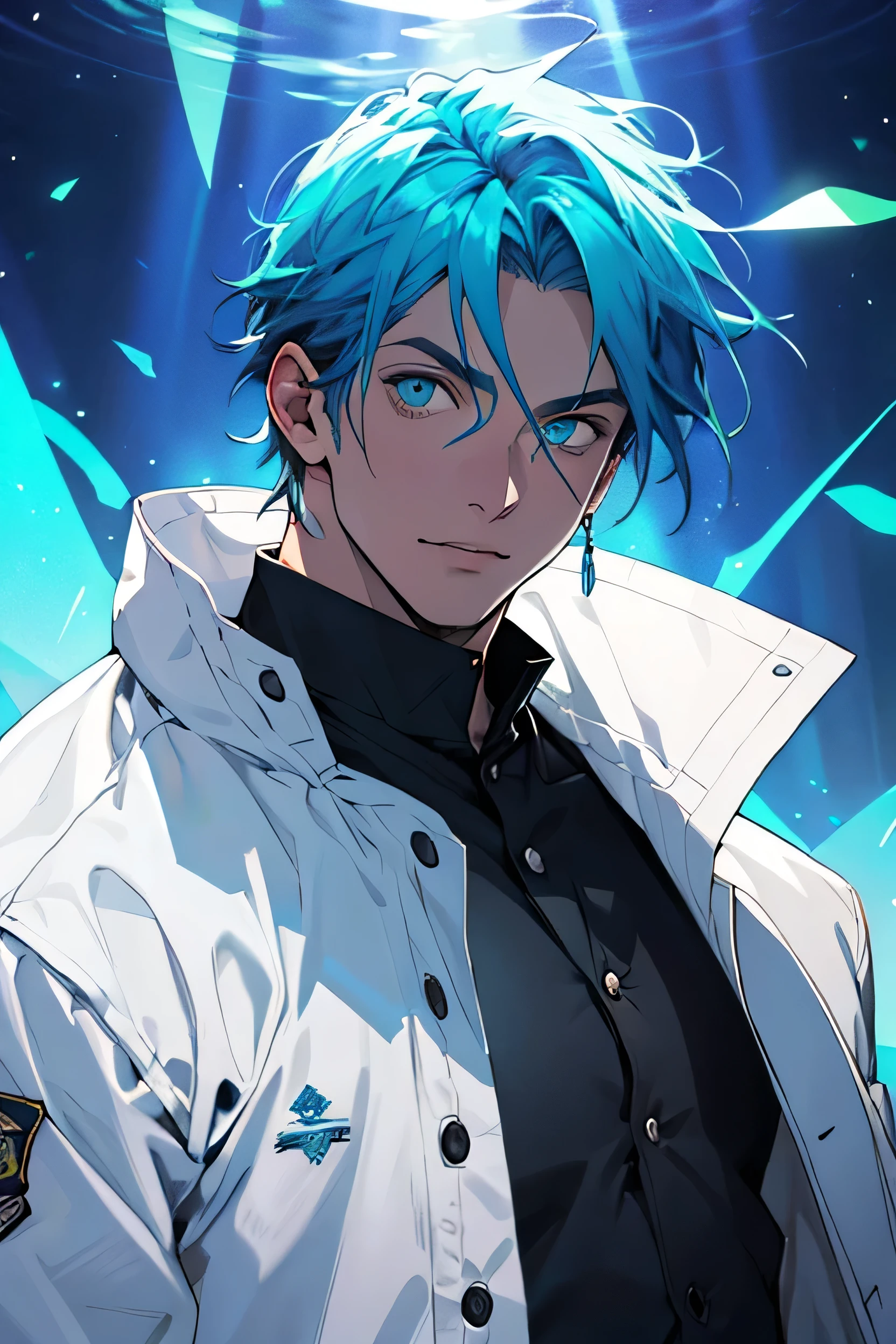 homem de 40 anos, com uma aura azul, em voltar dele, the eyes are with rays, he is