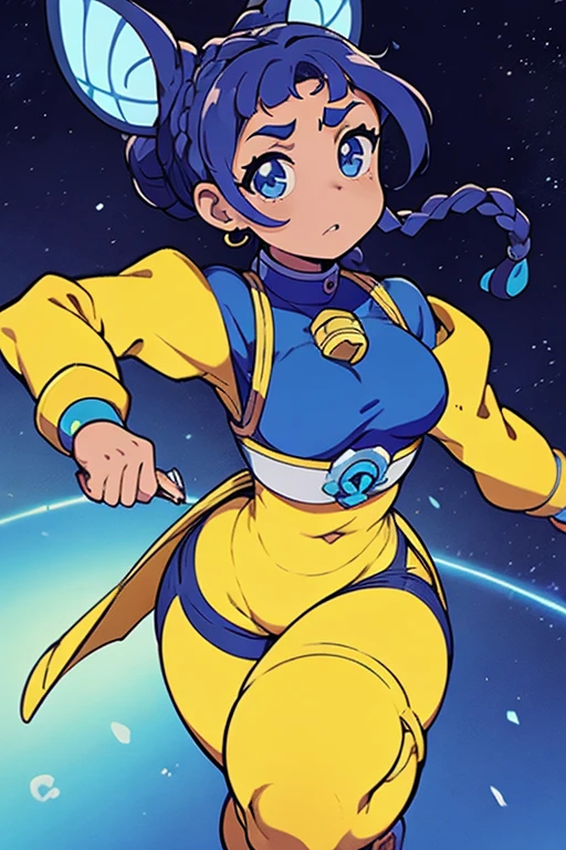 masterpiece, ultra detailed, girl(afrocentric), martial artist, braids & space bun hairstyle, slim thic, blue aesthetics, anime, bee and puppycat style