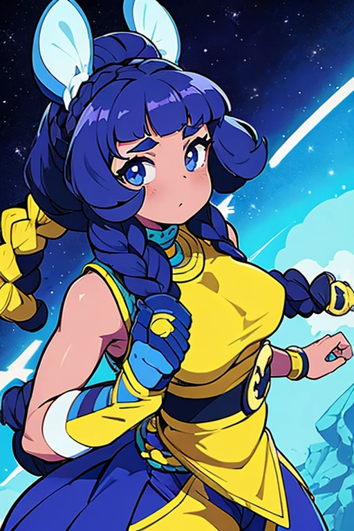 masterpiece, ultra detailed, girl(afrocentric), martial artist, braids & space bun hairstyle, slim thic, blue aesthetics, anime, bee and puppycat style