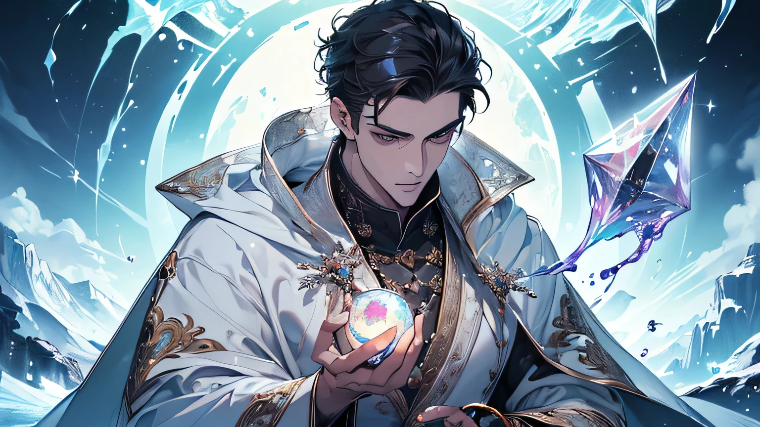 (masterpiece, highest quality:1.4),(Absurd, High resolution, Super detailed:1.2), (1 handsome man:1.4),(Use black magic:1.4),Water Magic,Playful illustrations, Imaginative Overlays, Artistic Fusion,Fantastic scene, moving story, Impressive visuals, Upper Body, There is an ice ball in my hand, Perfect Face, Perfect body, Fine grain, Man in white robe holding a crystal ball
