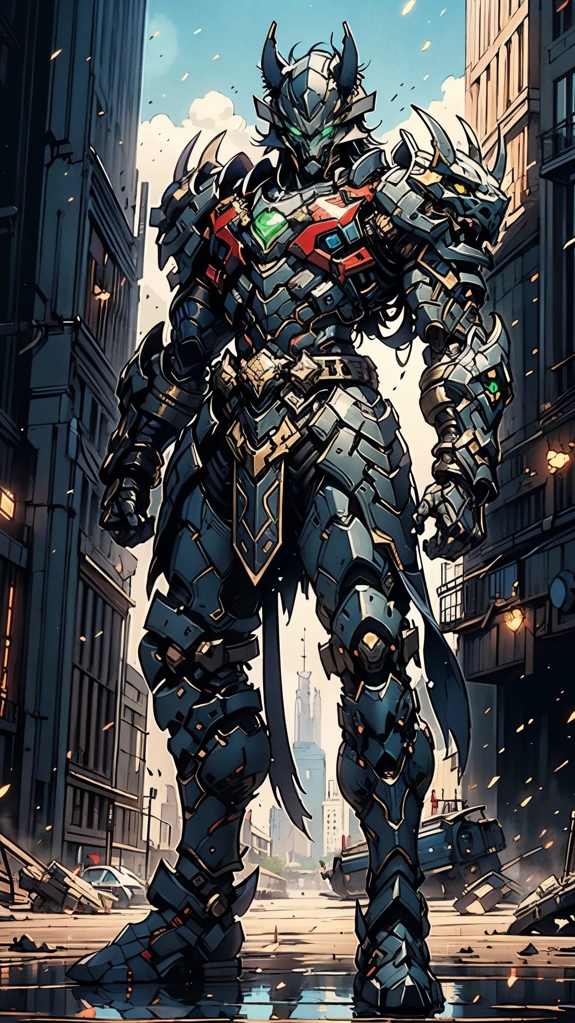 A man wearing a full-face helmet, a fantasy-style biomecha armored combat suit, green eyes, (Wolf head shape on the composite layered chest armor), fully enclosed shoulder guards, matching arm and leg guards, the belt is adorned with dragon claw grasping orbs, (primarily black with red accents), the design balances heavy with agility, a high-tech biological armor, (Wolf concept Armor, stand on the top of a skyscraper in a futuristic sci-fi city), this character embodies a finely crafted fantasy-surreal style armored hero in anime style, exquisite and mature manga art style, (element, plasma, energy, the armor glows), ((male:1.5)), metallic, real texture material, dramatic, high definition, best quality, highres, ultra-detailed, ultra-fine painting, extremely delicate, professional, perfect body proportions, golden ratio, anatomically correct, symmetrical face, extremely detailed eyes and face, high quality eyes, creativity, RAW photo, UHD, 32k, Natural light, cinematic lighting, masterpiece-anatomy-perfect, masterpiece:1.5