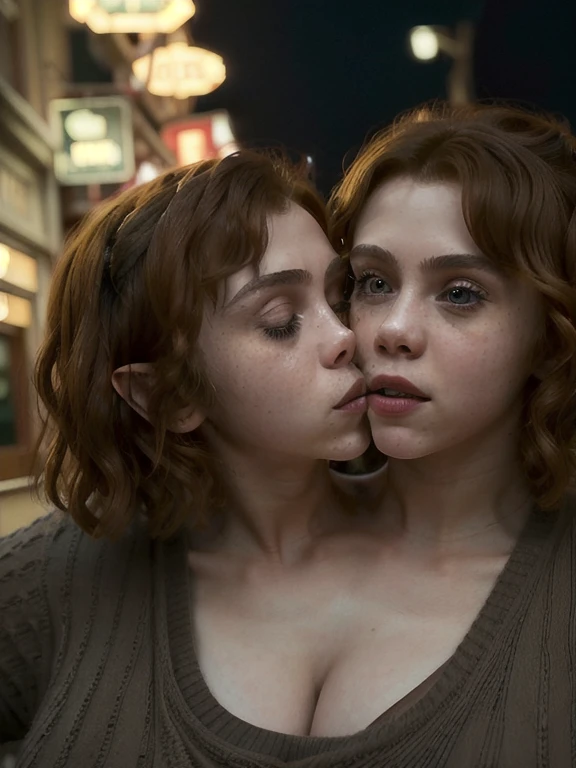 ((s0ph)), looks like Sophia lillis, solo,a two-headed woman , ((two heads:1.4)), ((conjoined_dicephalus)), cleavage, (cheeks rubbing together), (looking at viewer:1.3), close-up,medium length wavy hair,red hair,wearing sweater,city street,night,bokeh,(extreme dof:1.2),(masterpiece:1.2),neon light,volumetric lighting,8k,highly detailed skin,pores,cinematic, eyes closing, (kissing:1.3), ((2heads:1.3)), close-up