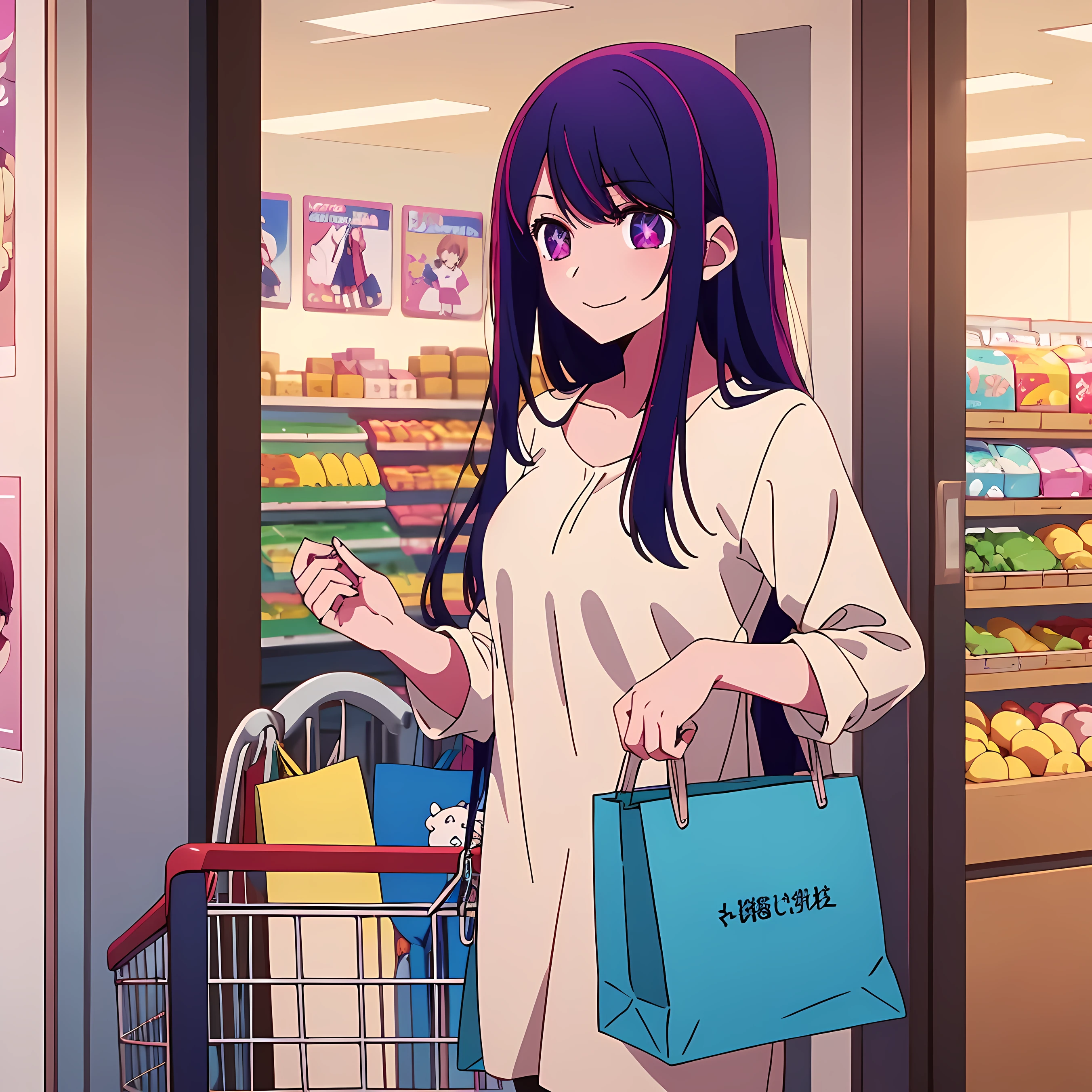  best quality,highly detailed,1girl solo,direct eye contact,soft lighting,anime, Anime girl with long hair and purple eyes, Anime Girl、A slight smile、Ai Hoshino, highres,vibrant colors, cute, 1girl, solo, purple hair, store, shopping cart, shopping, casual clothes, wide view, solo, shopping, walking down lane, 4k, hands on shopping cart, looking at side, 