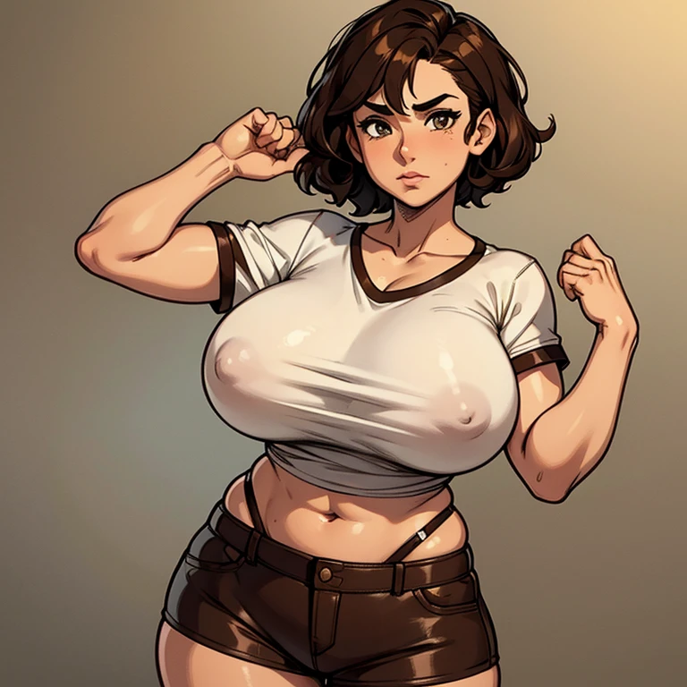 A girl with hazel eyes and short hair, Neck length, Wavy dark brown hair..... She has a fairly beefy physique and a few curves.., Brown Leather.. Round face, Characteristics of giving and kindness. Wear a shirt and shorts. fee. shading. Turn on. all the body.