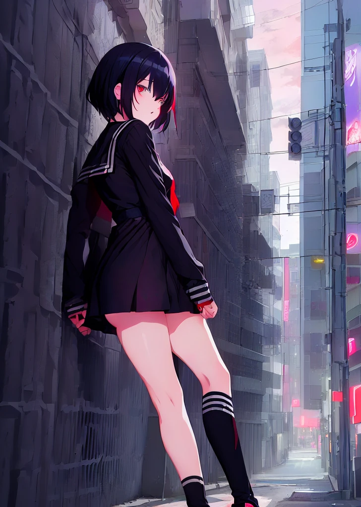 (perfect composition),anime character Sukeban delinquent girl  standing on a city street corner in black seifuku with black very long skirt, anime style. 8k, anime style mixed with fujifilm, retro anime girl, anime styled digital art, in tokyo, anime style illustration, anime style 4 k, anime style artwork, anime poster film still portrait, tokyo anime scene, modern anime style, anime style digital art, short hair, 26year old, red converse,