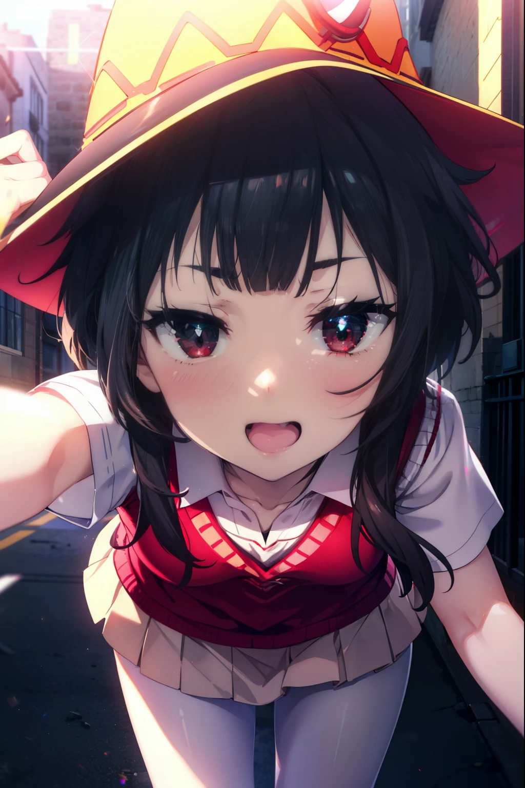 konosubaMegumin, Megumin, short hair, Black Hair, (Red eyes:1.3), short hair with long locks,happy smile, smile, Open your mouth,
White Sailor Suit,Short sleeve,Sweater vest, (red Sweater vest:1.5),White Thailand,black pleated skirt,White pantyhose,Black Loafers,whole bodyがイラストに入るように,morning,morning陽,The sun is rising,Walking,
break outdoor, In town,Building district,crowd, people々々々,
break looking at viewer, whole body,
break (masterpiece:1.2), highest quality, High resolution, unity 8k wallpaper, (shape:0.8), (Beautiful and beautiful eyes:1.6), Highly detailed face, Perfect lighting, Extremely detailed CG, (Perfect hands, Perfect Anatomy),
