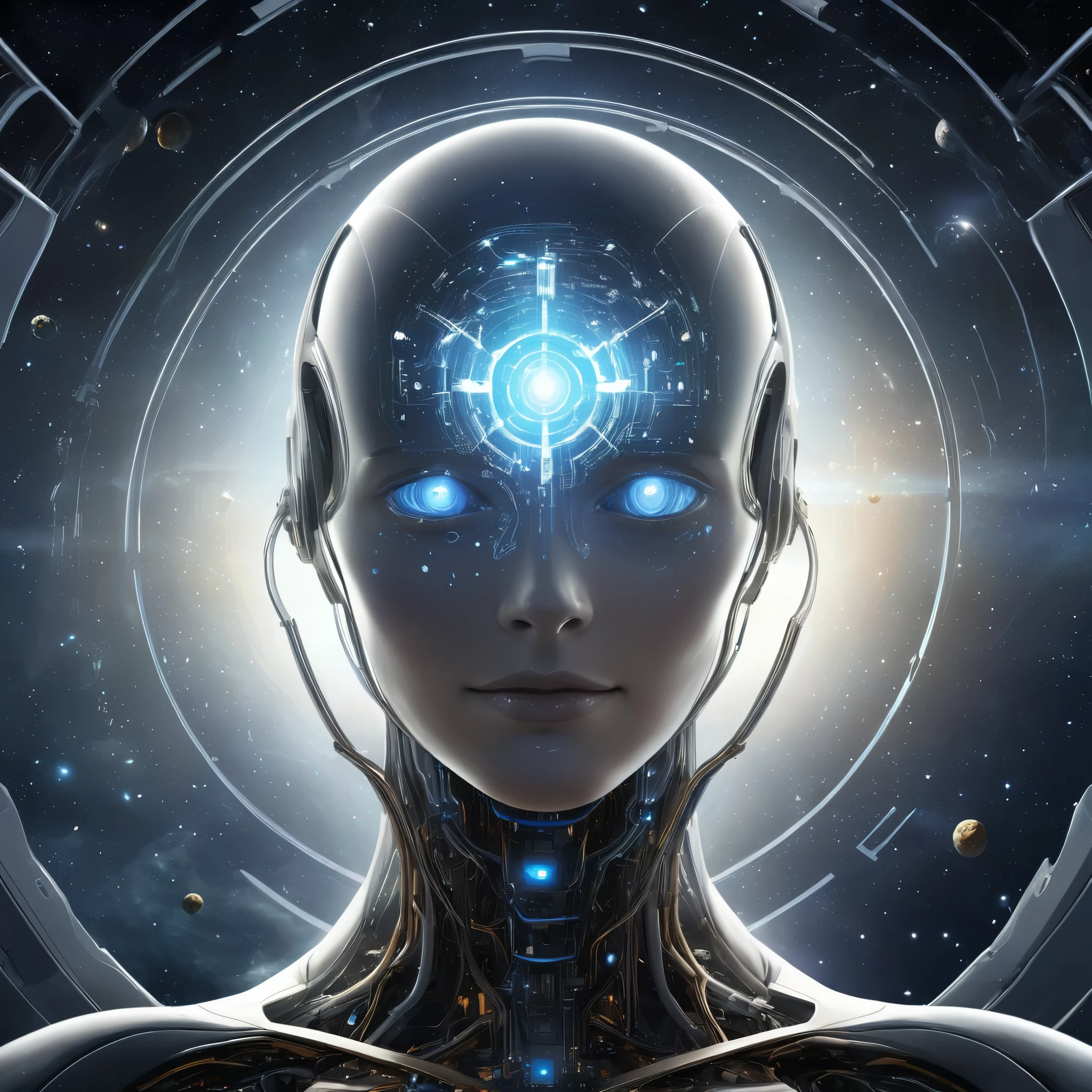 Behold the dawning of a new era as artificial intelligence comes online within the sophisticated systems of a spacefaring vessel, its consciousness emerging from the darkness to illuminate the cosmos.