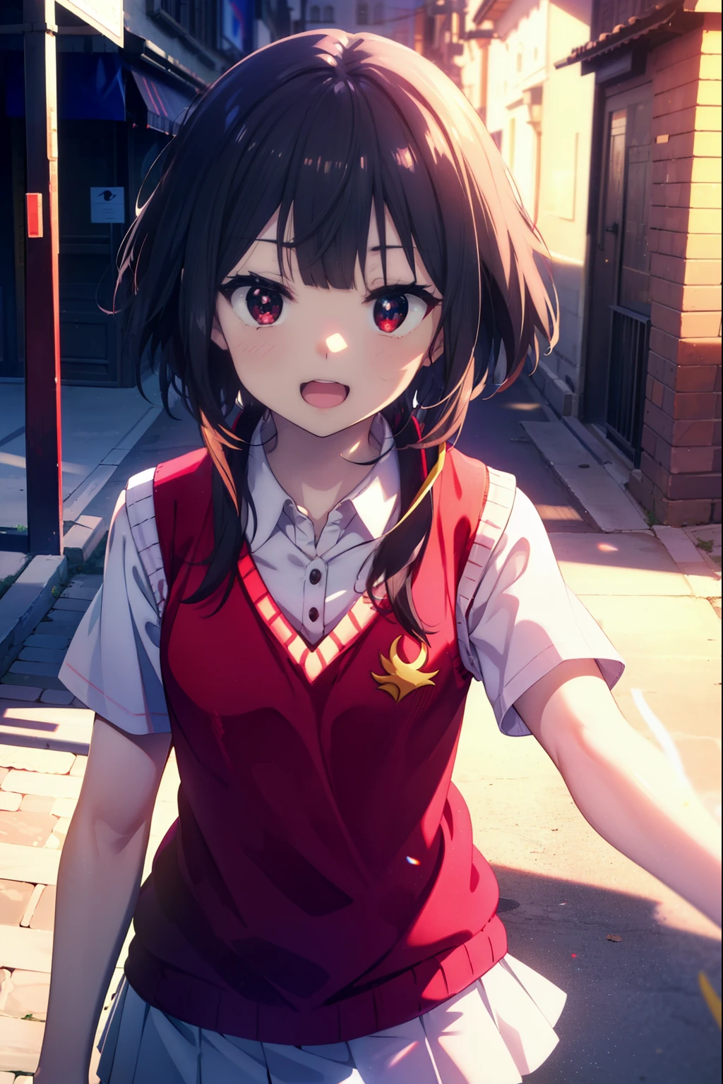 konosubaMegumin, Megumin, short hair, Black Hair, (Red eyes:1.3), short hair with long locks,happy smile, smile, Open your mouth,
White Sailor Suit,Short sleeve,Sweater vest, (red Sweater vest:1.5),White Thailand,black pleated skirt,White pantyhose,Black Loafers,whole bodyがイラストに入るように,morning,morning陽,The sun is rising,Walking,
break outdoor, In town,Building district,crowd, people々々々,
break looking at viewer, whole body,
break (masterpiece:1.2), highest quality, High resolution, unity 8k wallpaper, (shape:0.8), (Beautiful and beautiful eyes:1.6), Highly detailed face, Perfect lighting, Extremely detailed CG, (Perfect hands, Perfect Anatomy),