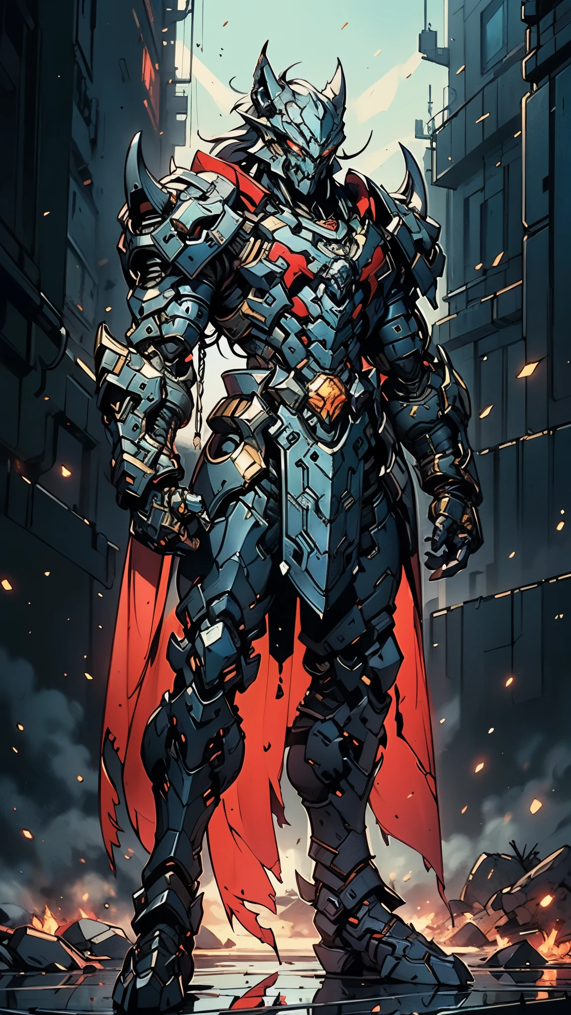 A man wearing a full-face helmet, a fantasy-style biomecha armored combat suit, green eyes, (Wolf head shape on the composite layered chest armor), fully enclosed shoulder guards, matching arm and leg guards, the belt is adorned with dragon claw grasping orbs, (primarily black with red accents), the design balances heavy with agility, a high-tech biological armor, (Wolf concept Armor, stand on the top of a skyscraper in a futuristic sci-fi city), this character embodies a finely crafted fantasy-surreal style armored hero in anime style, exquisite and mature manga art style, (element, plasma, energy, the armor glows), ((male:1.5)), metallic, real texture material, dramatic, high definition, best quality, highres, ultra-detailed, ultra-fine painting, extremely delicate, professional, perfect body proportions, golden ratio, anatomically correct, symmetrical face, extremely detailed eyes and face, high quality eyes, creativity, RAW photo, UHD, 32k, Natural light, cinematic lighting, masterpiece-anatomy-perfect, masterpiece:1.5