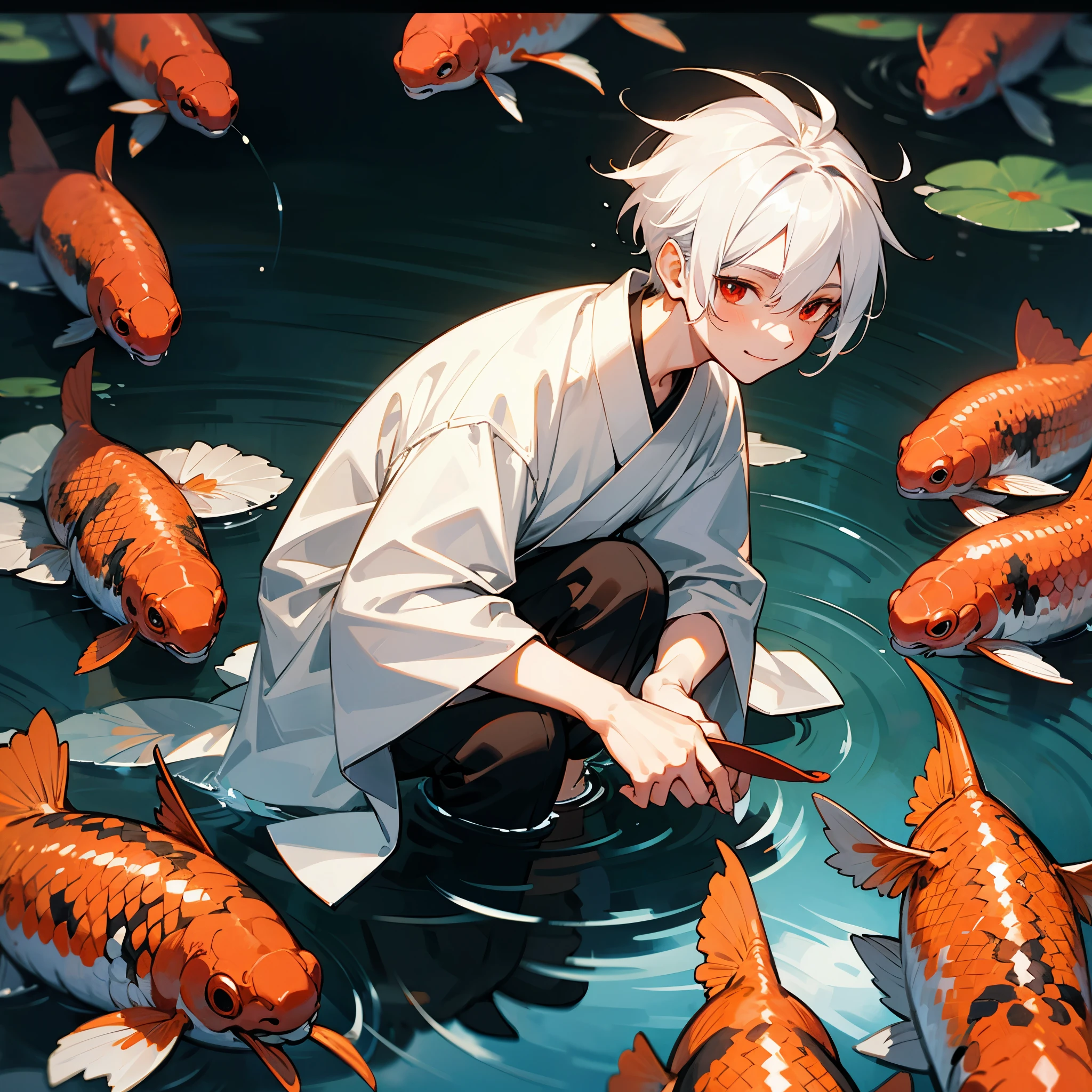 1 boy，white hair，red eyes, cute Light smile，adorable，looking to the camera，Lots of koi，Water magic，8K，high qulity，tmasterpiece, detailed hands, body