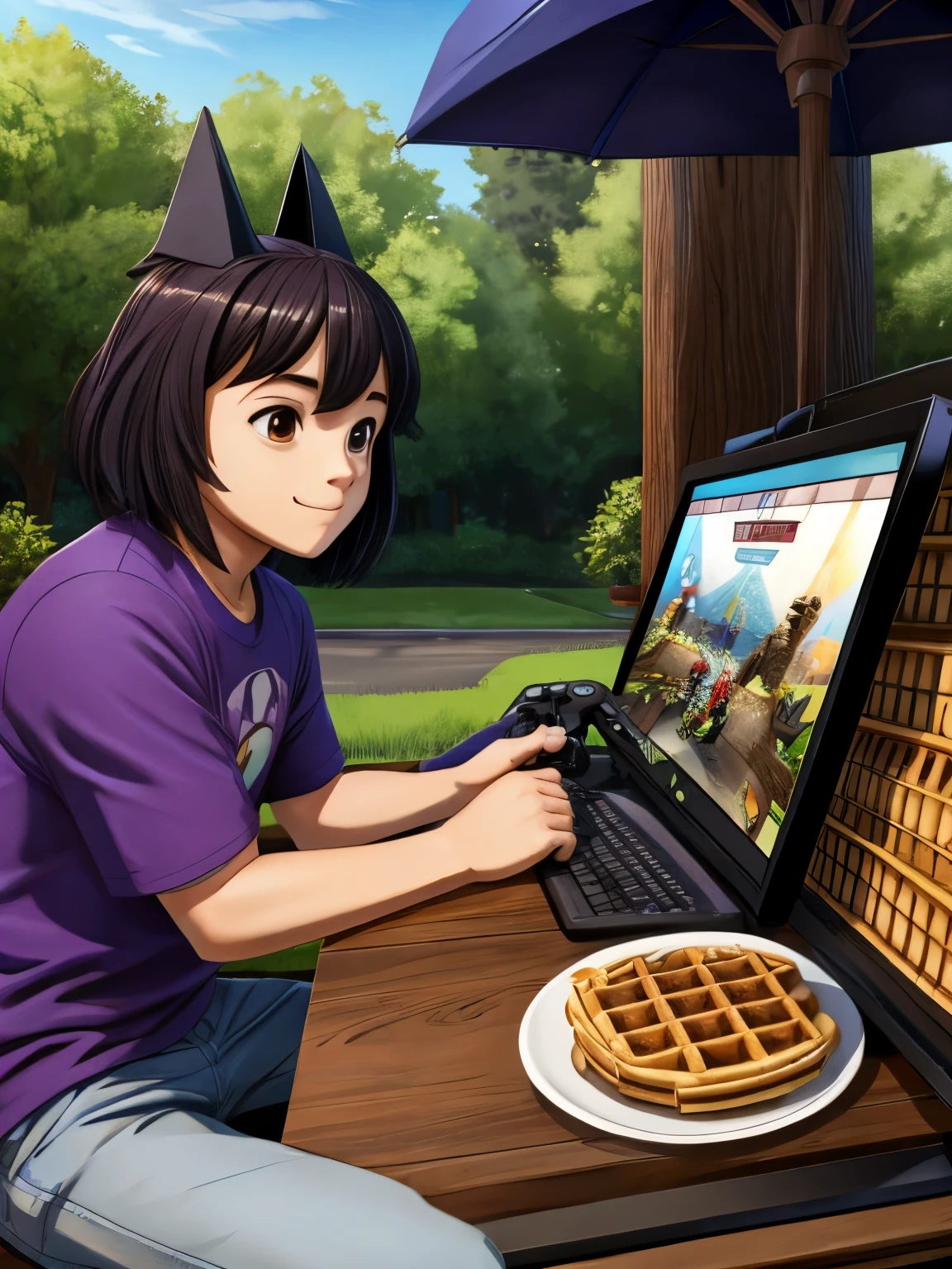 man with waffle head, e girl, man with crow head, playing video games, outside