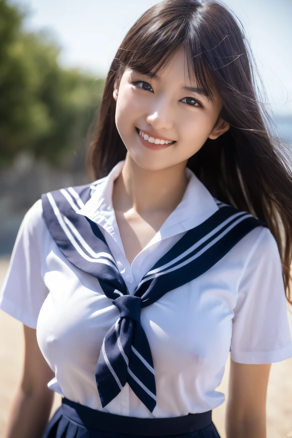 8K raw photo, Best quality, masterpiece, ultra high res, 3d, realistic, 1girl, asian, black_hair, black_sailor_collar, long_hair, nose, school_uniform, neckerchief, natural skin texture, light brown_eye, detailed eyes and face, lips, lipstick, smile, teeth, beautiful legs, enormous , beautiful seaside location, (detailed background), plaid skirt, white shirt, enormous breast,y background, short sleeves