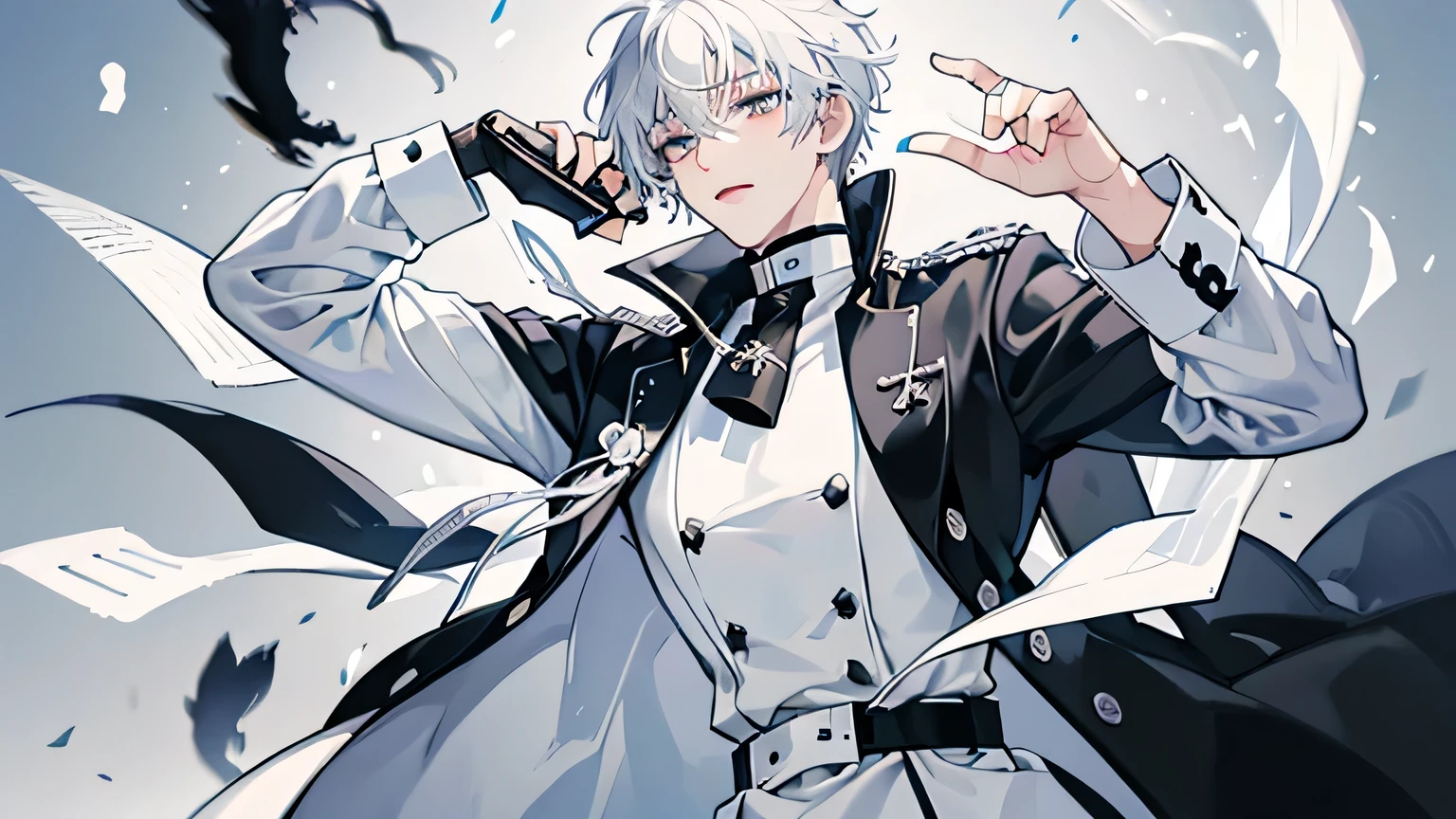 male , In black and white, It feels like writing with a G pen,Short white hair, Natural perm,Casual clothing, Wearing a thick coat,Like a cartoon, An anime character with white hair and black clothes holding a white cat, An anime character with white hair and black clothes holding a white cat