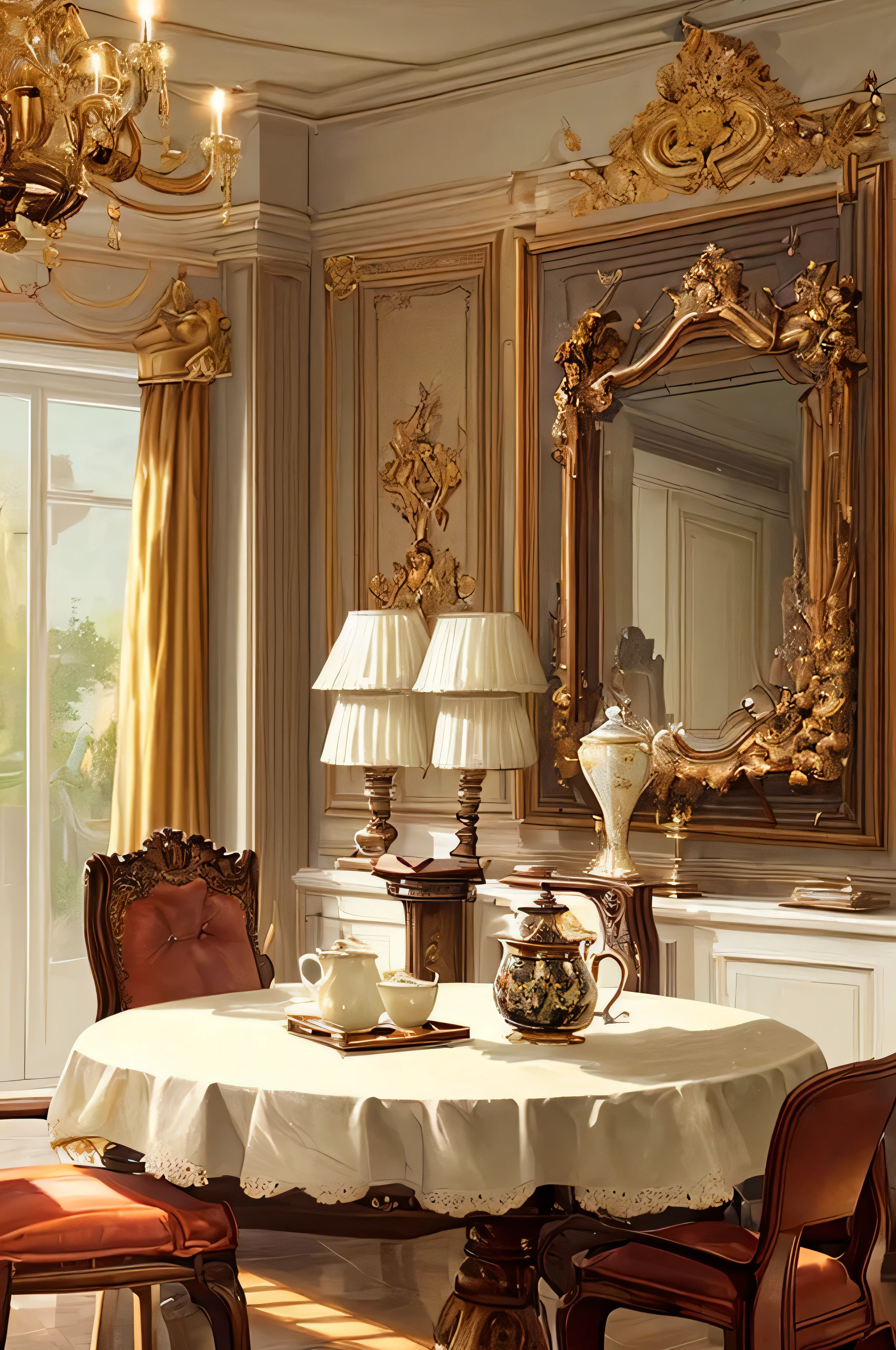 Top quality, masterpiece, detailed description, dining room in the morning, a cup of coffee, soft light
