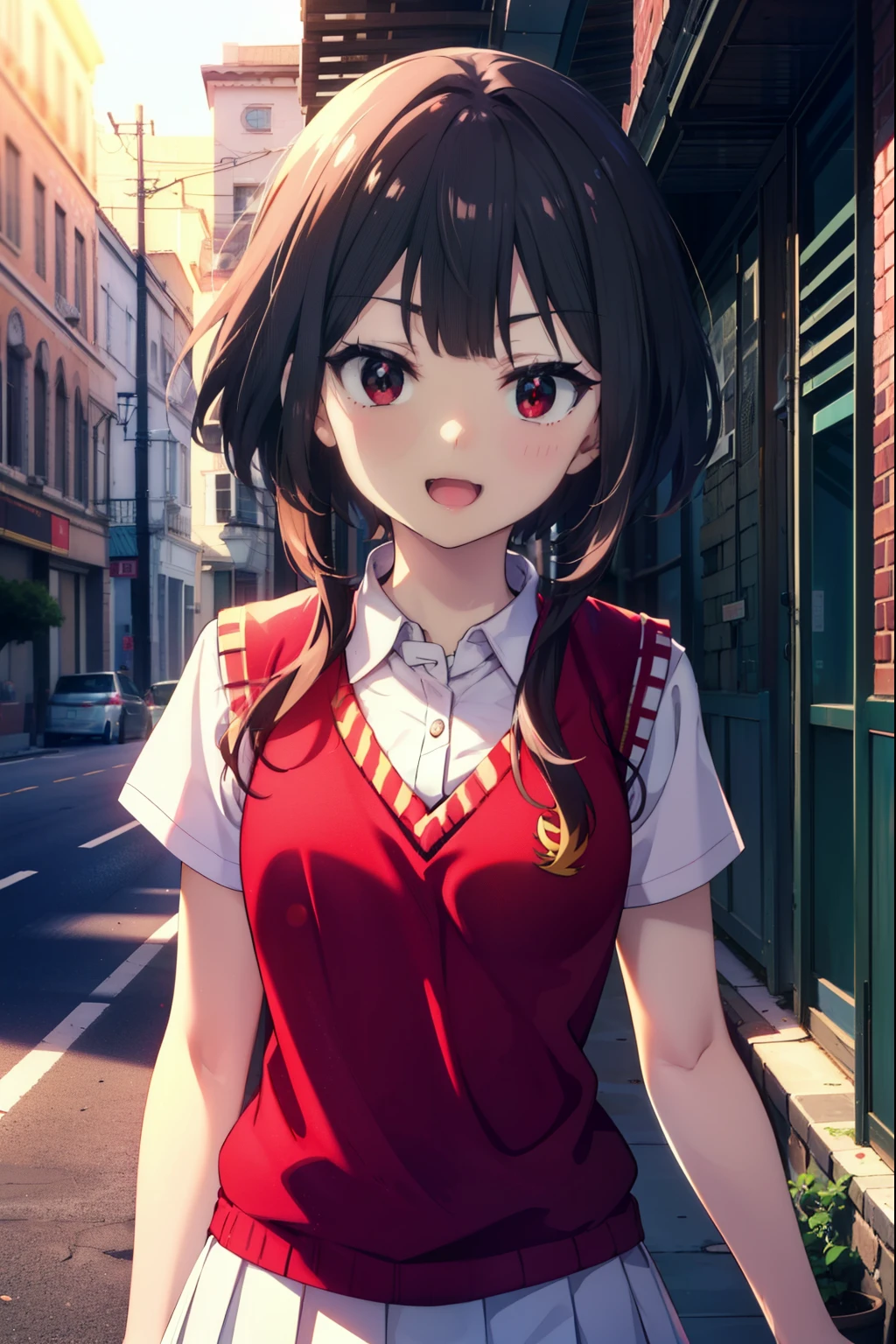 konosubaMegumin, Megumin, short hair, Black Hair, (Red eyes:1.3), short hair with long locks,happy smile, smile, Open your mouth,
White Sailor Suit,Short sleeve,Sweater vest, (red Sweater vest:1.5),White Thailand,black pleated skirt,White pantyhose,Black Loafers,whole bodyがイラストに入るように,morning,morning陽,The sun is rising,Walking,
break outdoor, In town,Building district,crowd, people々々々,
break looking at viewer, whole body,
break (masterpiece:1.2), highest quality, High resolution, unity 8k wallpaper, (shape:0.8), (Beautiful and beautiful eyes:1.6), Highly detailed face, Perfect lighting, Extremely detailed CG, (Perfect hands, Perfect Anatomy),
