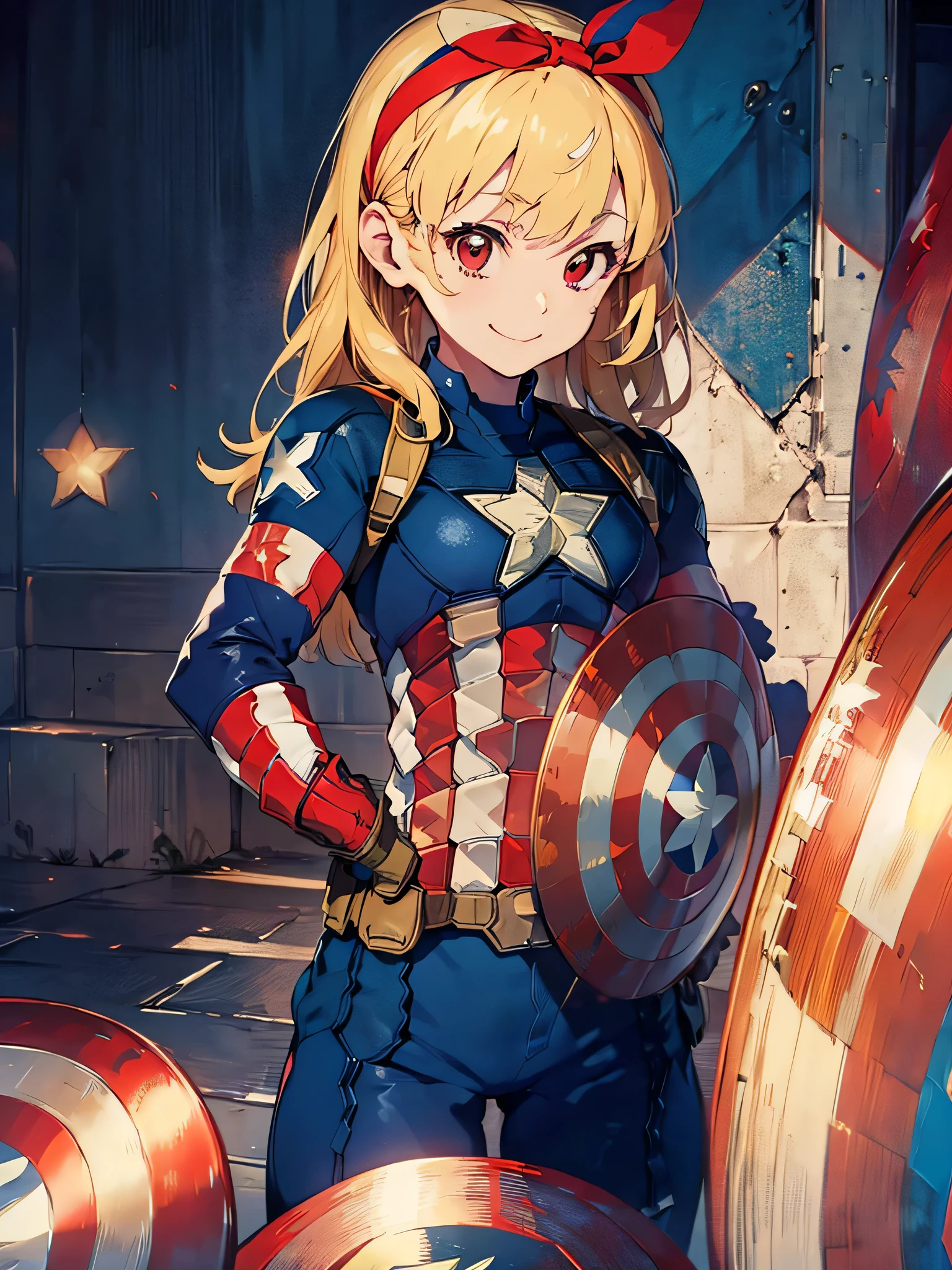 Blonde HAIR,(nsfw:0.7),(RED Ribbon on HAIRband:1.2),(Masterpiece, Superb Quality, Super Detailed, High Resolution), Female Focus, , (Captain America Suit:1.5), (Hands on Hips), (((Solo))), School, Background Detail, Smile