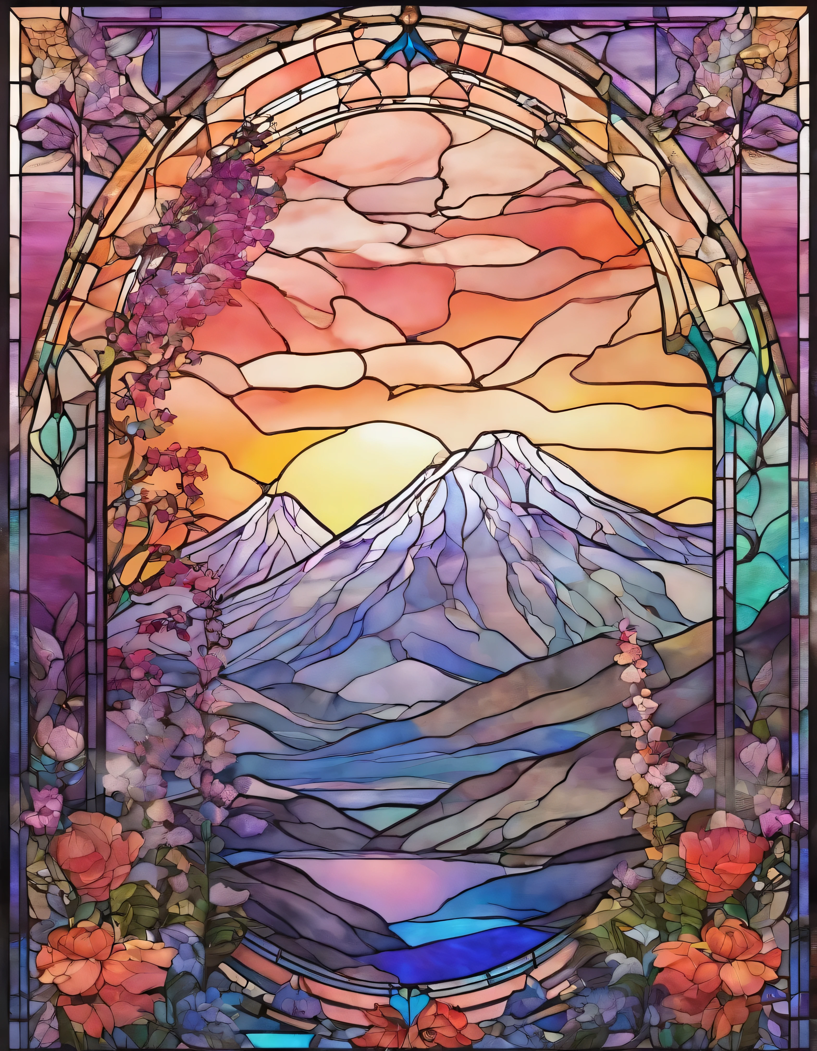 Fuji Mountain、 Innocence、Transparent glass、very elaborate stained glass、Amethyst Crystal, Iridescent Labradorite Crystals、Intricate and highly detailed backgrounds, Fantasy, Craftsmanship, Craftsmanship detailed, Complex