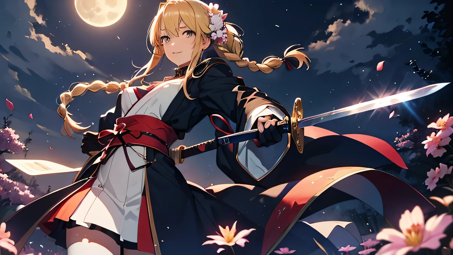 Lancer Artoria, ph Artoria. (blonde hair, Braiding:1.4), sword, arms, One girl, flower petals, length_hair, kinana, hair_ornament, One person in, Holding, chest, moon, Holding_arms, wide_sleeve, Holding_sword, cherry_flower blooms, sheinh, Front hair, Looking_in_Audience, Japanese_Clothes, smile, full_moon, length_sleeve, purple_eye, very_length_hair, ribbon, big_chest, Broke up_lips, floining_hair, gloves, hair_ribbon, red_ribbon, flower, A woman wearing black and white clothes holding a sword