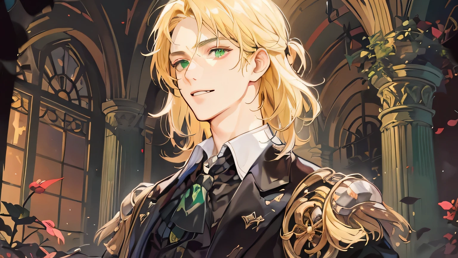 (Absurd, High resolution, Ultra-detailed),(Absurd, High resolution, Ultra-detailed), 1 male, Adult, good looking, Tall and muscular man, Broad shoulders, Detailed eyes and face, Blonde, Large Baroque mansion of the 18th century, garden, noble, noble, elegant, Neat, elegant, sunset, scenery, Smiling upper body, Charm, Half Up, Vampire Fangs, Green Eyes