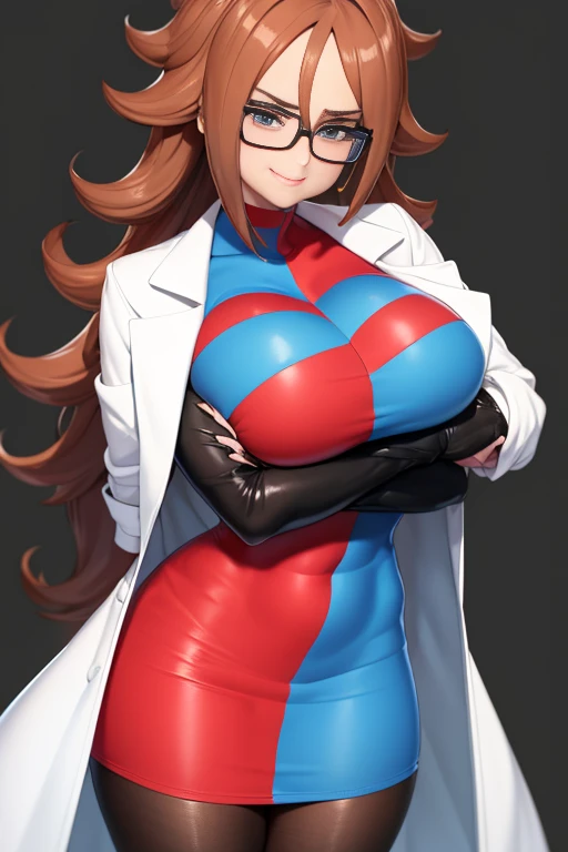 Masterpiece, Best quality, defa21, Lunettes, checkered dress, Labcoat, collants noirs, Haut du corps, gros seins, smirk, furrowed brow, Regarder le spectateur, mouth closed, comptoir, science, Béchers, microscope, arms crossed, big breast