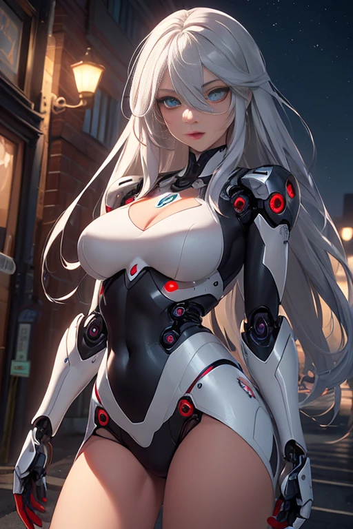 ((best quality)), ((masterpiece)), ((detailed eyes and face)), perfect face, female, gamer girl, aqua eyes, half-robot half-human, sex doll, large breasts, cherry-red lips, silver hair, long hair, robot legs, outside at night