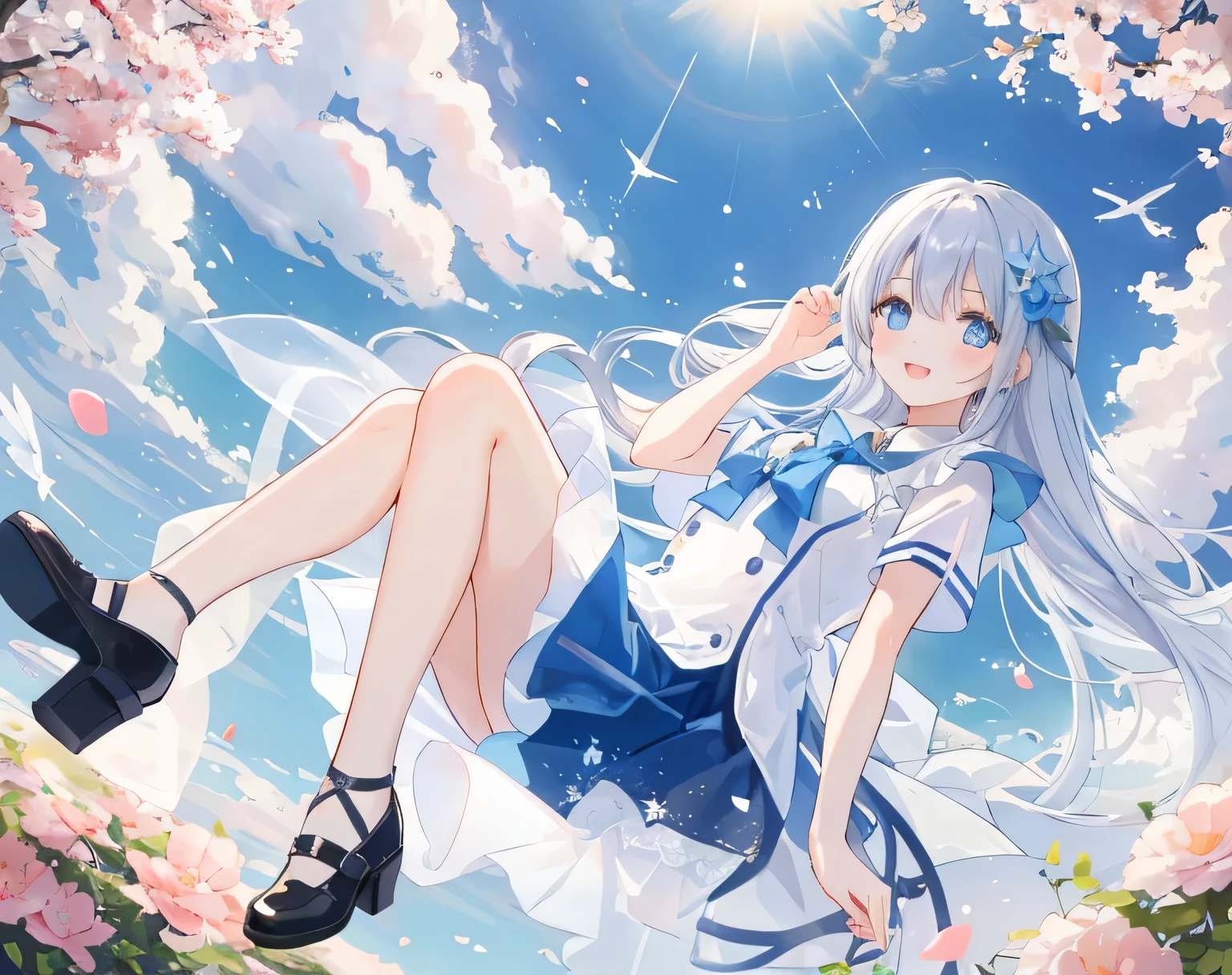 (In 8K, highest quality, masterpiece: 1.2), Ultra-high resolution, one cute girl,((flight)),Highly detailed face,Fine grain,Angel,Sariel,blue eyes,Hello,Angel&#39;s Wings,cute,Short skirt dresses,pumps,great joy,Open your mouth, smile, Platinum Hair,Long Hair,alone,View the viewer,Detailed fingers,Film writing,Garden of Eden,tree of wisdom, Beautiful sky, Angel&#39;s big wings on his back