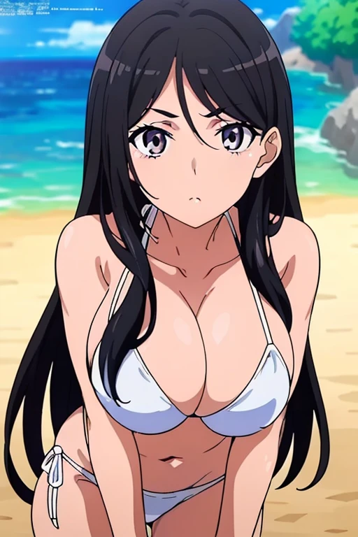 (masutepiece, Best Quality, High resolution, anime screen cap, anime colours, megami magazine:1.2, anime poster style, anime keyvisual, sharp, 8k, photorealistic), (beautiful eyes:1.5), Blowmailing, 1girl in, Cute, blush, (Long Black Hair), (natural large breasts:1.5), cleavage, (White Bikini:1.5), (perfect detailed crossed arms:1.5), upper body, ((Perfect Anatomy, beautifull detailed face, Beautiful detailed eyes, beautiful detailed hair, Beautiful detailed body)), thick outline, Beautiful outlines, black outlines