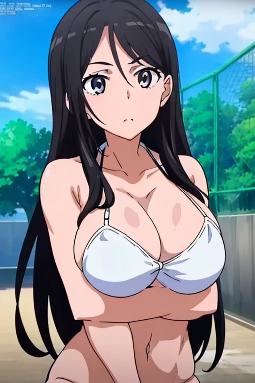 (masutepiece, Best Quality, High resolution, anime screen cap, anime colours, megami magazine:1.2, anime poster style, anime keyvisual, sharp, 8k, photorealistic), (beautiful eyes:1.5), Blowmailing, 1girl in, Cute, blush, (Long Black Hair), (natural large :1.5), cleavage Bikini:1.5), (perfect detailed crossed arms:1.5), upper body, ((Perfect Anatomy, beautifull detailed face, Beautiful detailed eyes, beautiful detailed hair, Beautiful detailed body)), thick outline, Beautiful outlines, black outlines