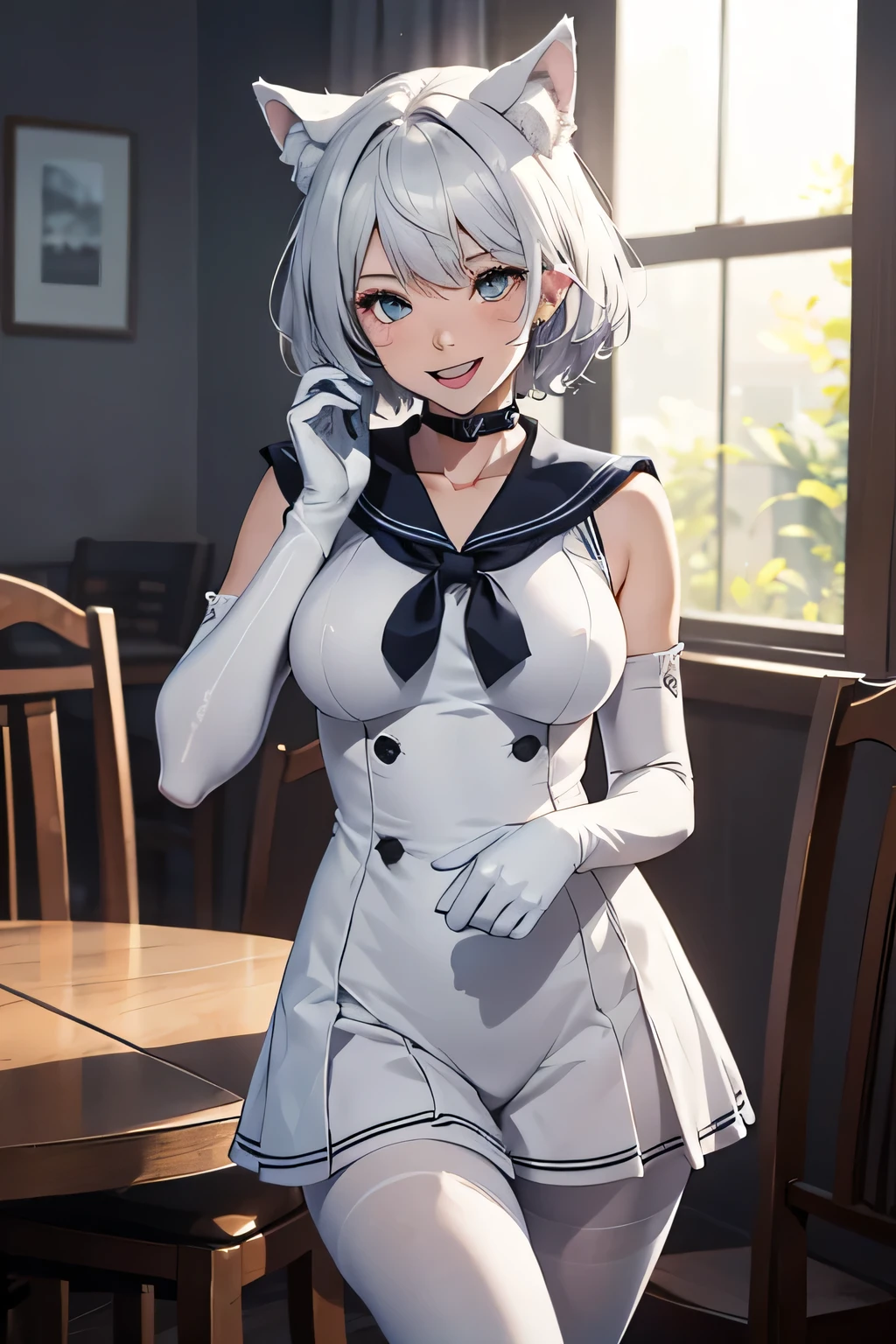 Tabletop　High resolution　Best image quality　8k　 Adult female　Portraiture　White long gloves（Elbow Gloves）　White Pantyhose　Sailor suit（Sleeveless）　White wolf ears　short hair（（Shortcuts）（Gray Hair）（Perm）（fluffy））　Eye color is blue　Attractive face（（Laughter）（smile）（Open your mouth））　Are standing　Place your hands on your knees　slouch