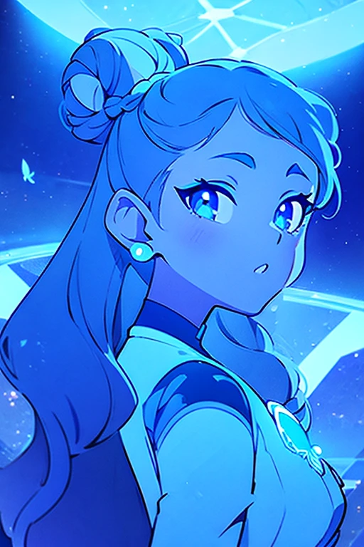 masterpiece, ultra detailed, girl, american next top model, braids & space bun hairstyle, slim thic, blue aesthetics, blue butterflies, anime, bee and puppycat style